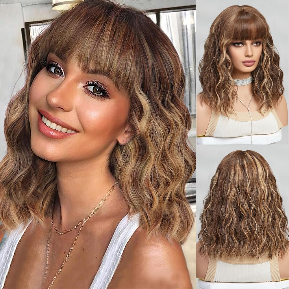Synthetic Wavy Wig with Bangs Shoulder Length Heat Resistant Party Daily Use Amazon.com : LOSMOEER Dark Green Wig with Bangs Short Wavy  main image 2