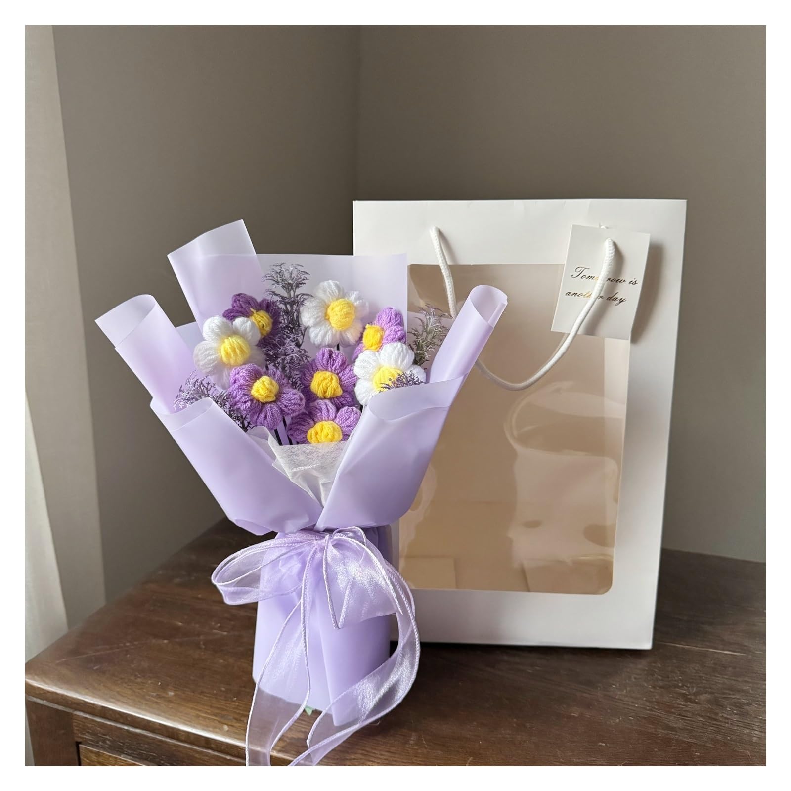 FCfpxwtz Artificial Crochet Flower, Handmade Crochet Flower Bouquet Gift Bag Multicolor for Valentine's, Mother's, Birthday(Purple)