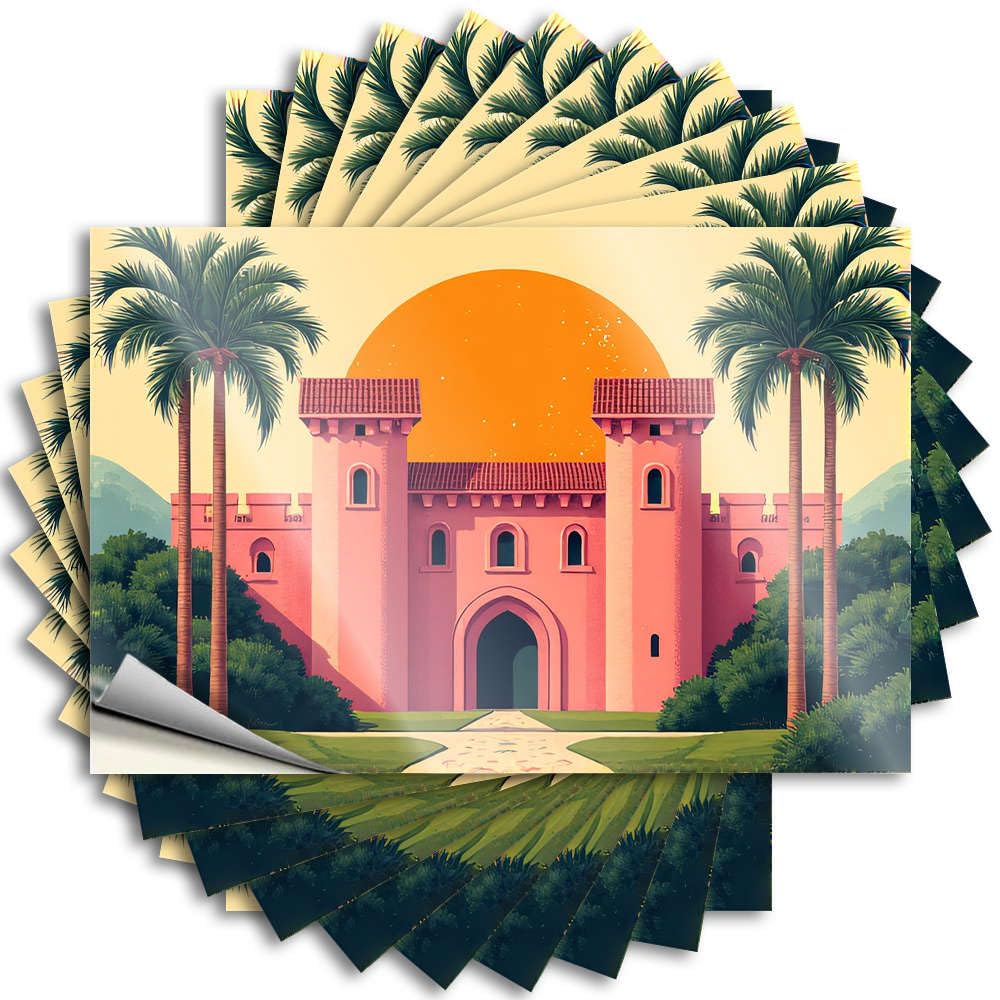Stickers Crazy Boys Bedroom Accessories Hat A Pink Castle with Palm Trees in Front of A Large Sun - No Residue Decals for Thankful(8X12CM)