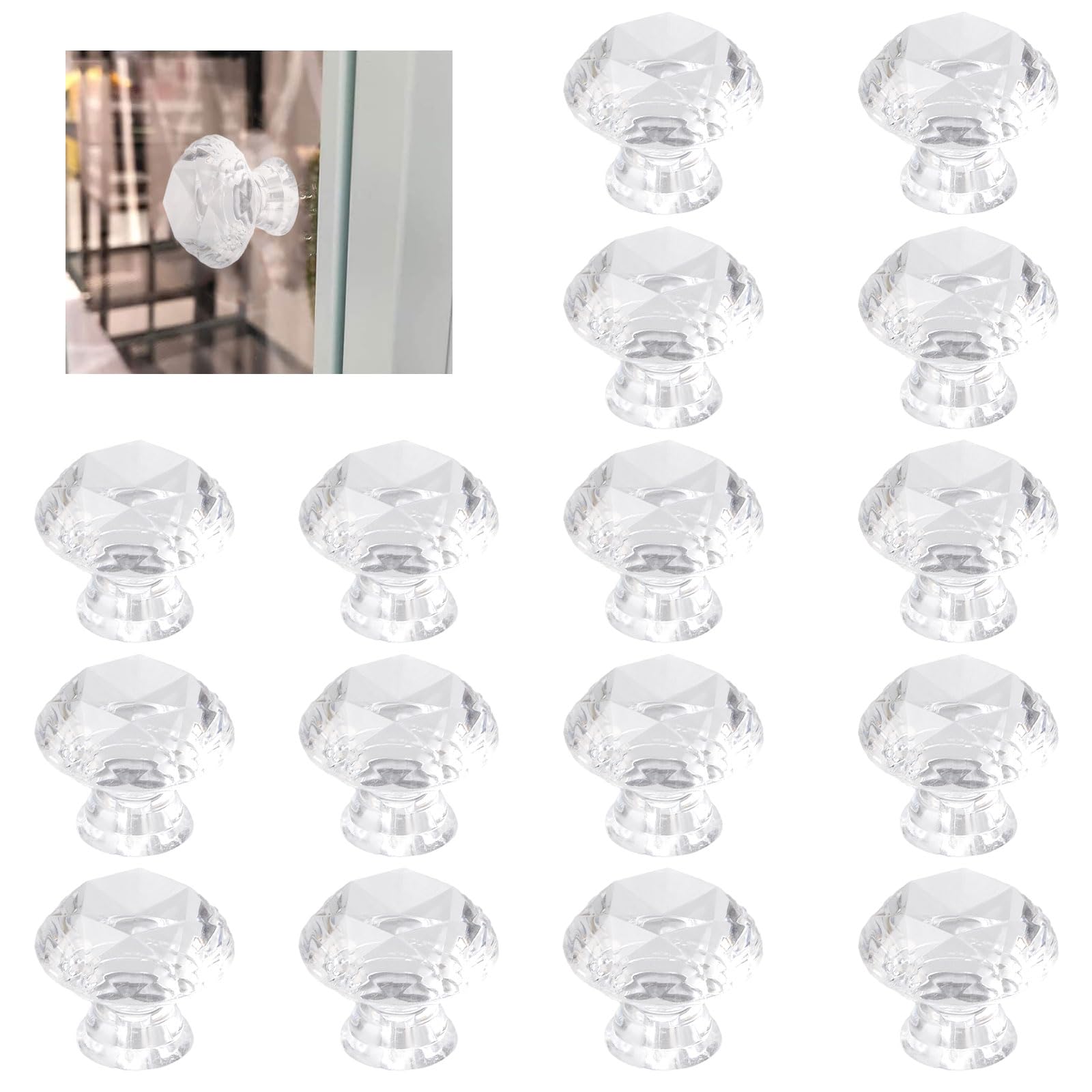 MOROBOR Self Adhesive Cabinet Pull Handle, 16pcs Transparent Acrylic Handles Concave Diamond Acrylic Knobs Cupboard Knobs Without Drill Handle for Kitchen Bathroom Mirror Door