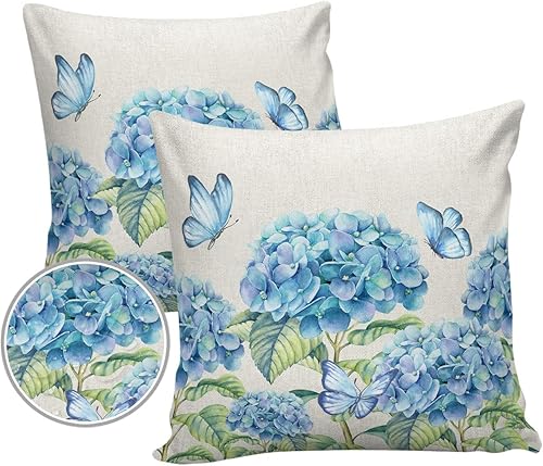 Miniatura 7 de Juego de 2 fundas de almohada de granja para exteriores, diseño de flores de hortensias azules, mariposas, decorativas, impermeables, acuarela