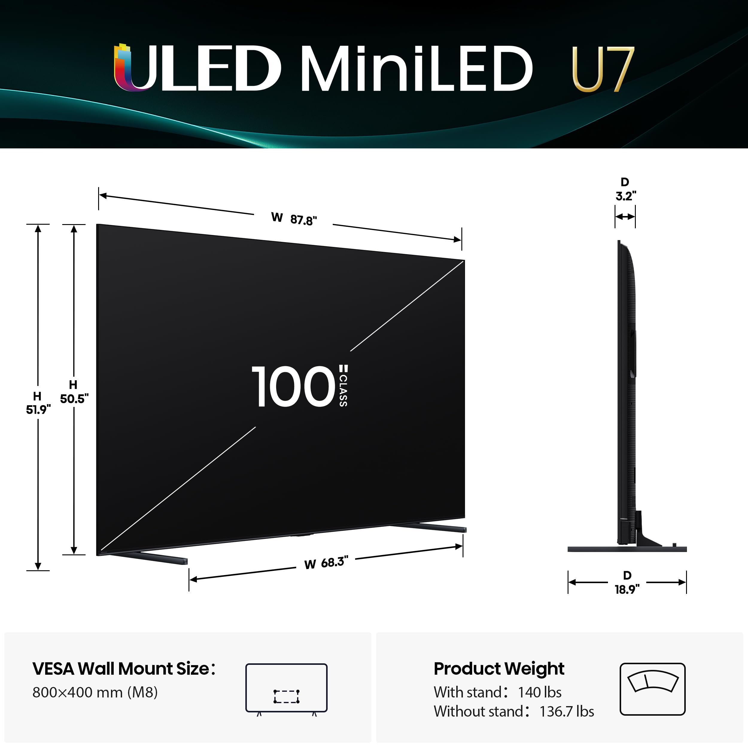 Hisense 100" Class U7 Mini-LED ULED 4K UHD Google Smart TV (100U75QG, 2025 Model) - QLED, Native 165Hz, VRR 288, Up to 3000 Nits, HDR10+, Dolby Vision IQ · Atmos, IMAX Enhanced, 2.1.2 Ch Surround