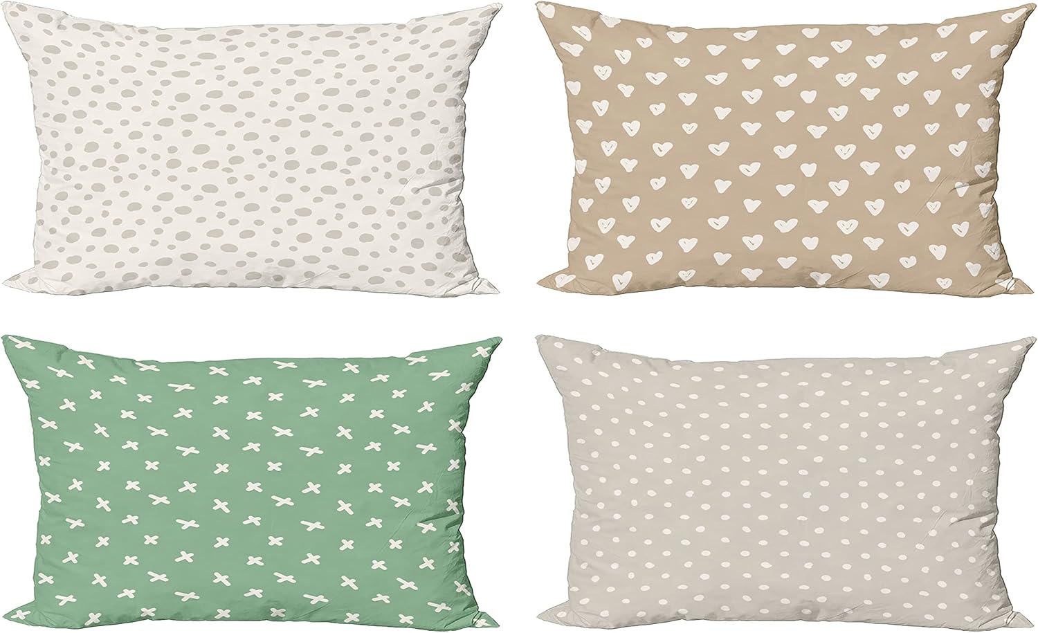 Ambesonne Minimal Throw Pillow Cushion Case Pack of 4, Repetitive Spots Dots Blots Hearts and Scandinavian X Shapes Pattern, Modern Accent Double-Sided Printing, 20" x 12", Tan Sea Green Pale Grey