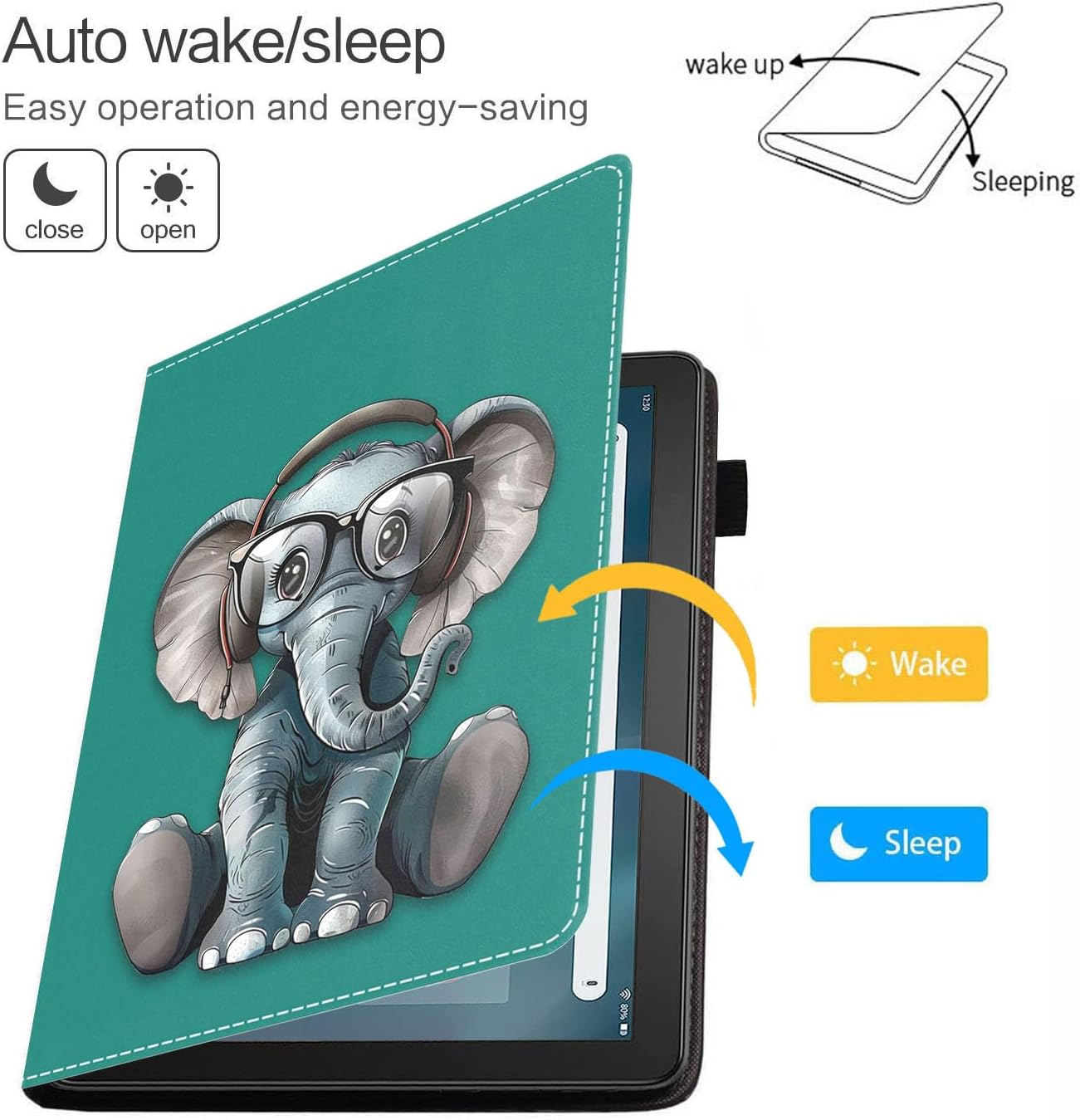 Case for Amazon Kindle Fire HD 10 & 10 Plus Tablet 10.1" (13th/11th Generation, 2023/2021 Release) - Premium PU Leather Cover with Auto Sleep Wake, Headphones Music Elephant
