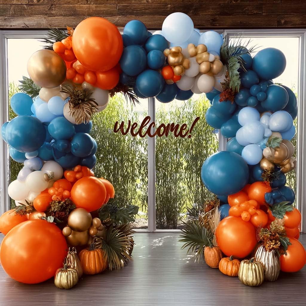 Blue Orange Gold Balloon Arch Double Stuffed Latex Orange Gold White Balloons Light Blue White Balloon Garland for Birthday Fall Baby Shower Back to School Party Thanksgiving Harvest Autumn Home Decor