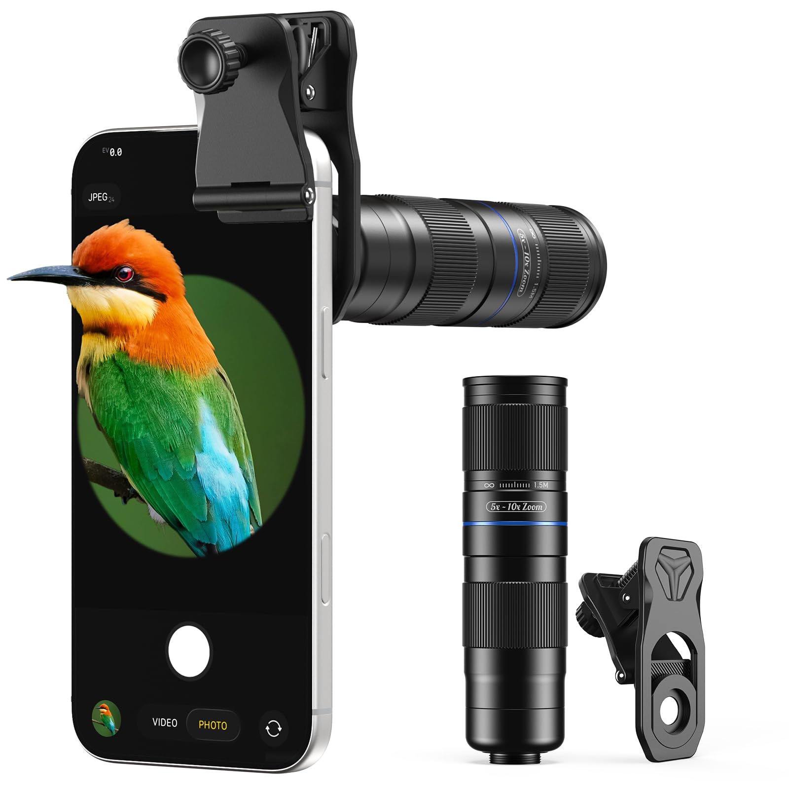 APEXEL Téléobjectif Compact Zoom 5x-10x pour Téléphones Portables avec Clip Universel, Objectif Téléobjectif Multicouches Adapté aux iPhone 17/16/15..., Samsung, Pixel et Autres Smartphones,Noir