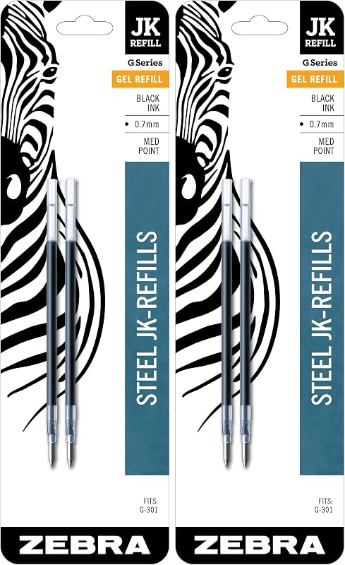 Zebra Pen Steel, recambios de tinta de gel JK, punta media de 0,7 mm, tinta negra, compatible con bolígrafos de gel G-301, -450 y G-750, rendimiento de escritura suave y consistente, 2 unidades (paquete de 2), (88112)