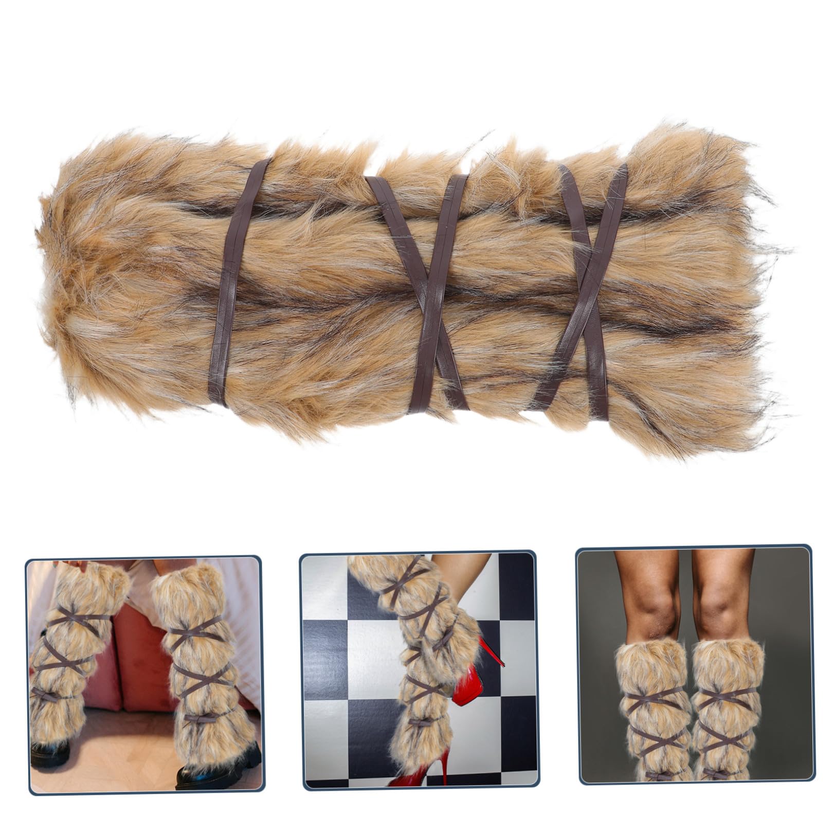 Tofficu 3 Paia Scaldamuscoli Invernali in Pelliccia Sintetica con Lacci, Accessori Vichinga Unisex per Cosplay, Avvolgimenti Gambe Resistenti all’Usura, per Festival Rinascimentali
