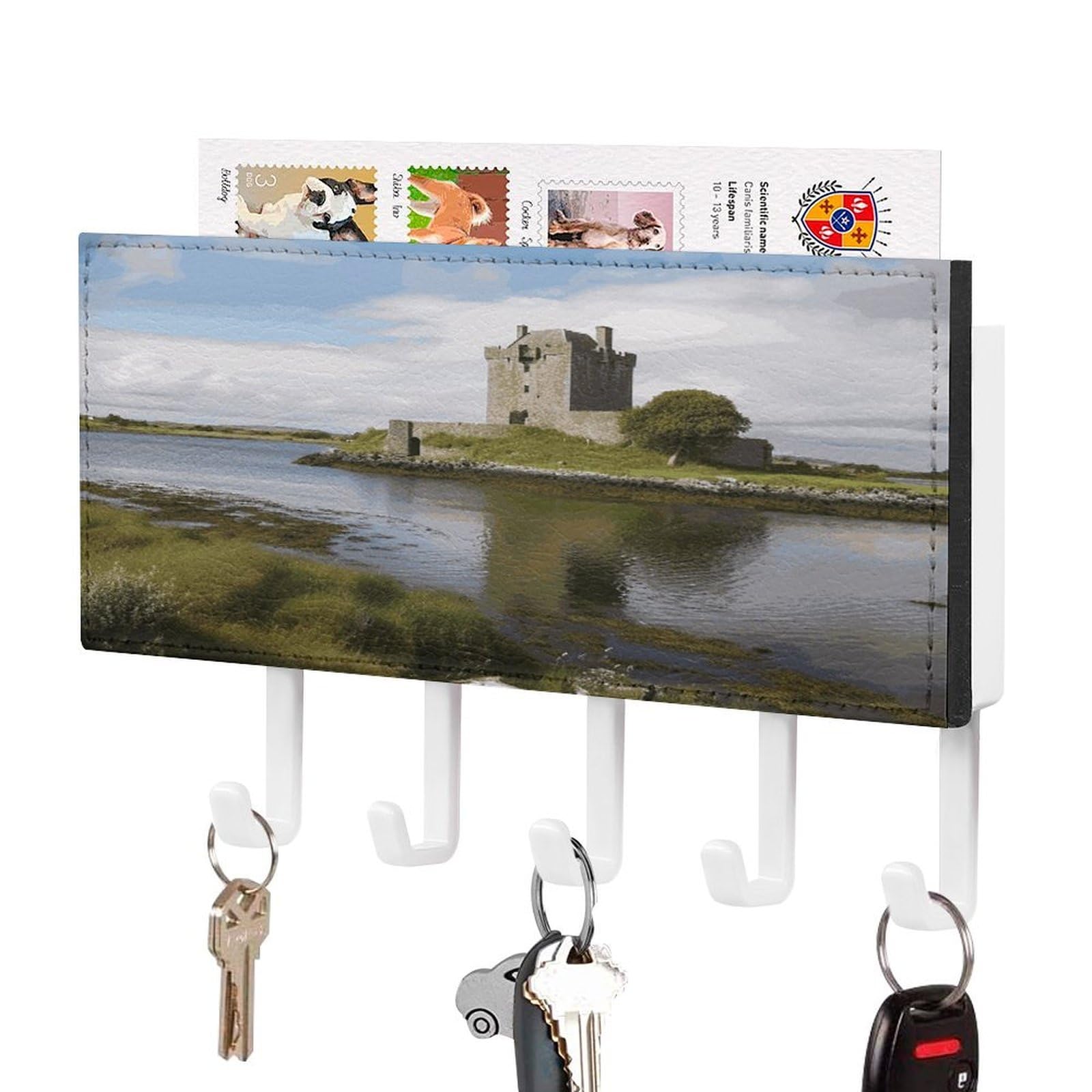 LDGSUPH View of The Dunguaire Castle Key Holder Wall Mount Key Hanger with 5 Hooks Fashion Key Organizer Rack Hanging Key Hooks with Mail Organizer Key Rack for Home Entryway Hallway White-Style