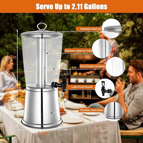Miniatura 6 de Dispensador de bebidas de 2 galones con soporte, dispensadores de bebidas para fiestas, dispensador de jugo de acero inoxidable con tubo de hielo y
