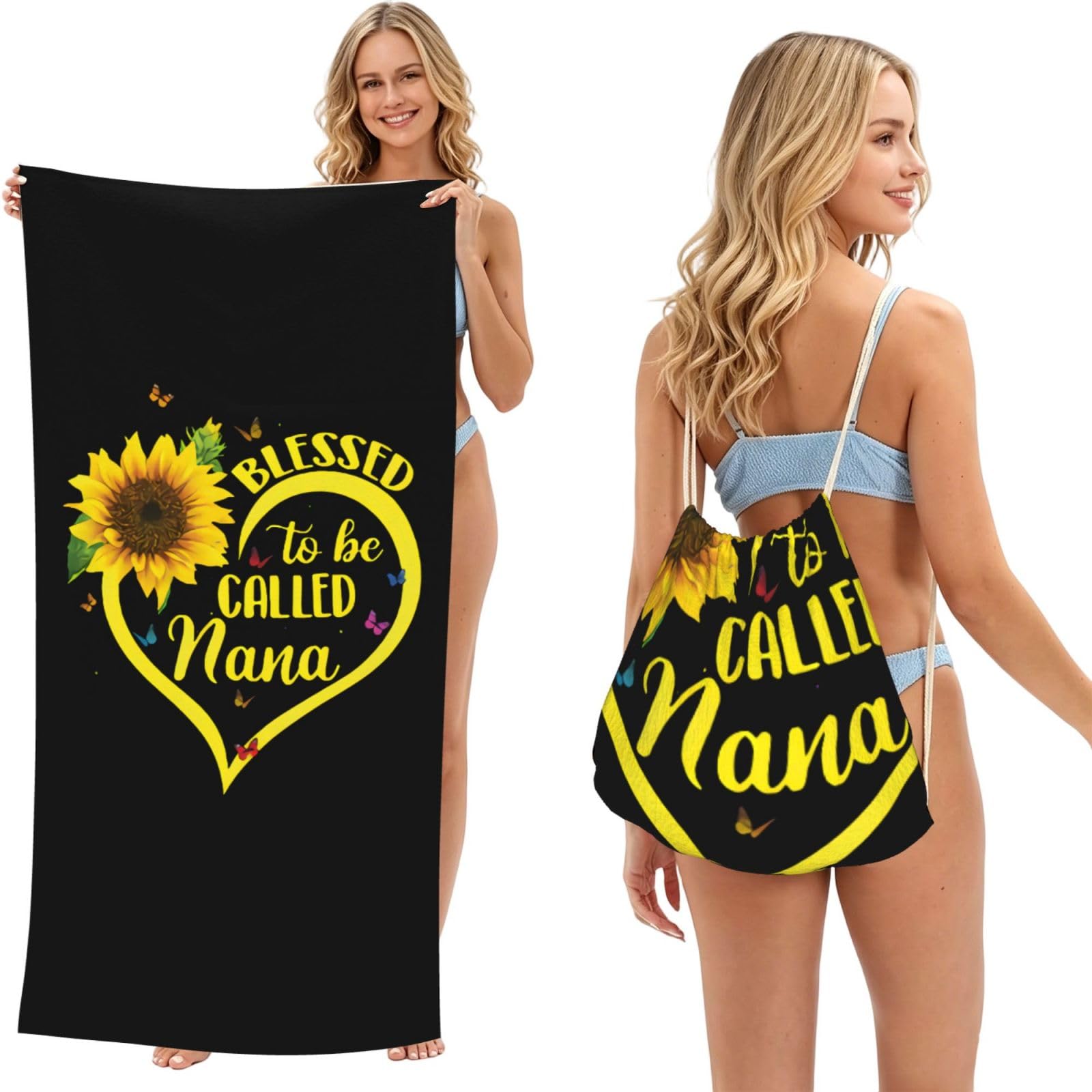 WSHFFILO Blessed to Be Called Nana Sunflower printed 2 in 1 Packable Towel Bag Bath Towel Beach Towel