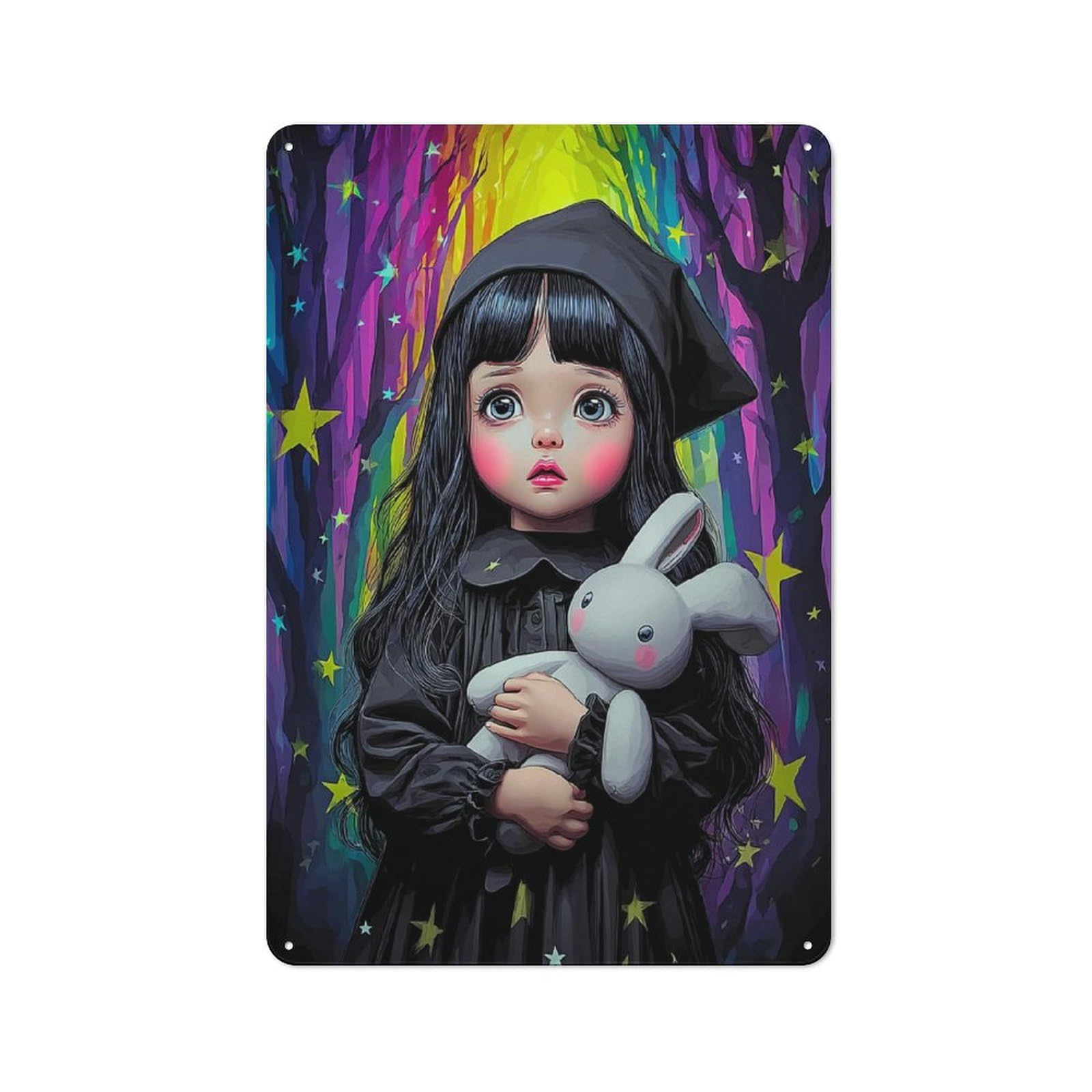 Junmoney Whimsical Child With Stuffed Bunny Tin Wall Plaque 30X20cm With For Pub Or Café, With Clear Vintage Wall Decor Character
