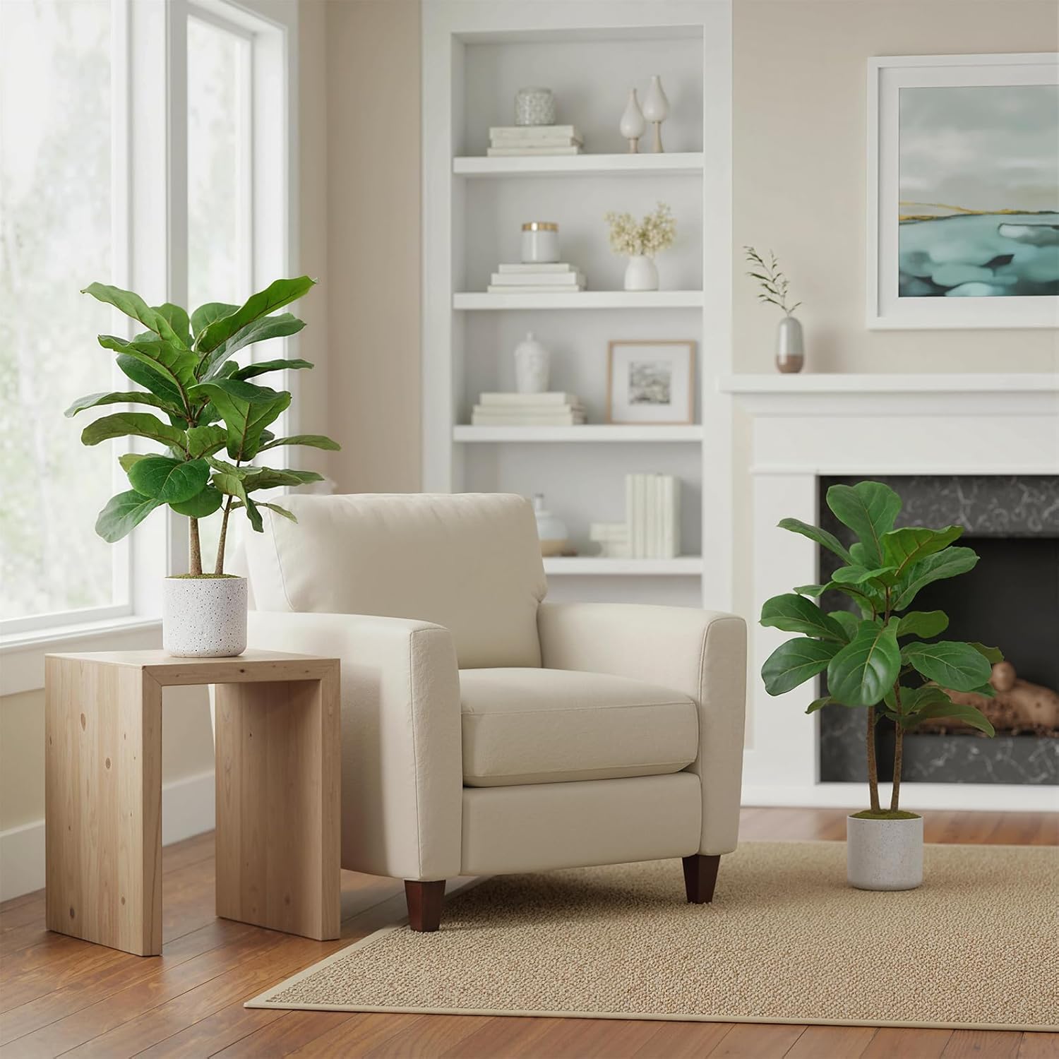 2Pcs Artificial Fiddle Leaf Fig Tree Faux Ficus Lyrata Plant for Home Office Decoration, 15.7" Tall Fake Evergreen Potted Trees Ficus Lyrata with Realistic Leaves and White Planter, Indoor Desk Decor