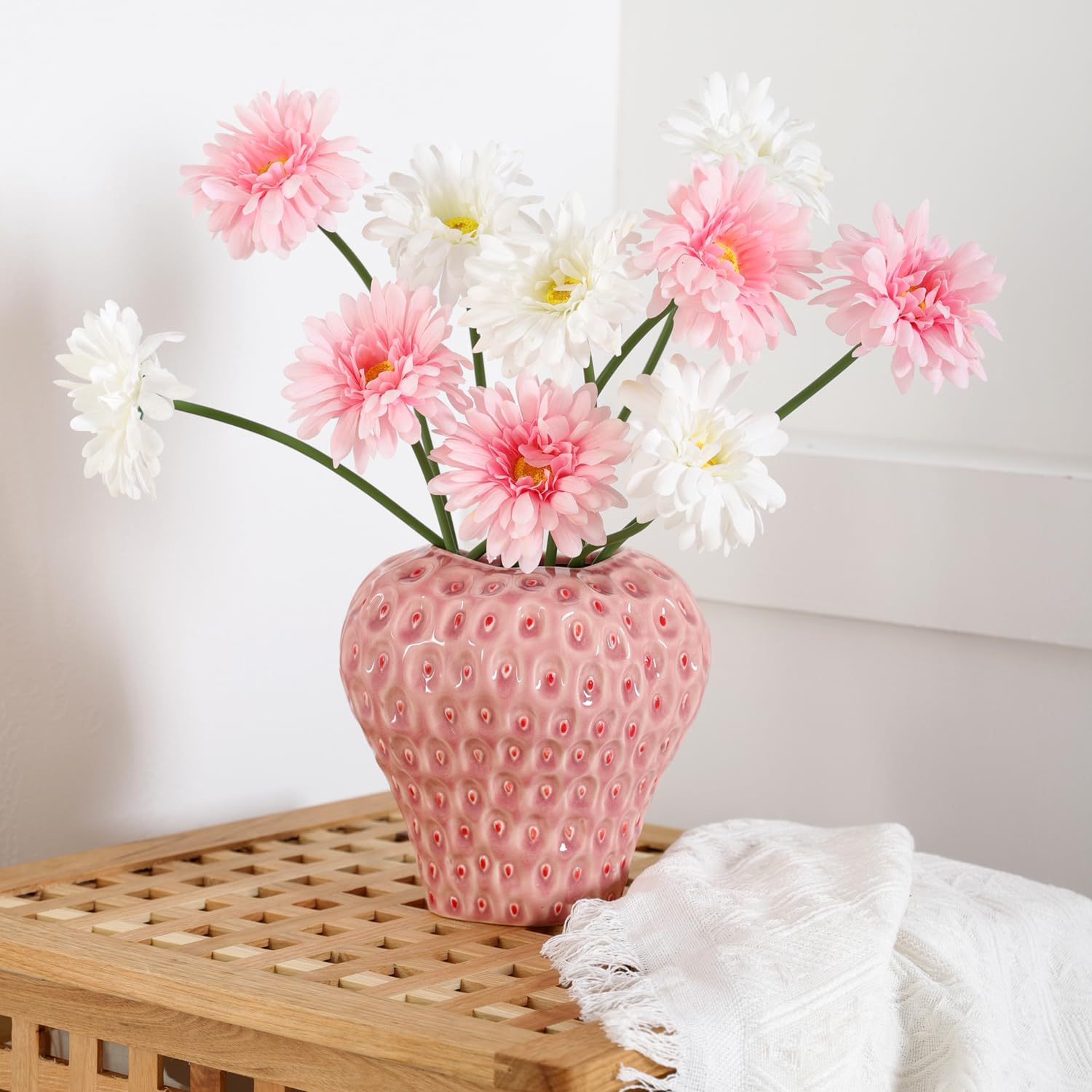Strawberry Ceramic Flower Vase, Decorative Cute Ornament Vase for Aesthetic Decor Flower Arrangement, Unique for Colorful Modern Vintage Home Kitchen Office Decor Centerpiece, Pink 7inch