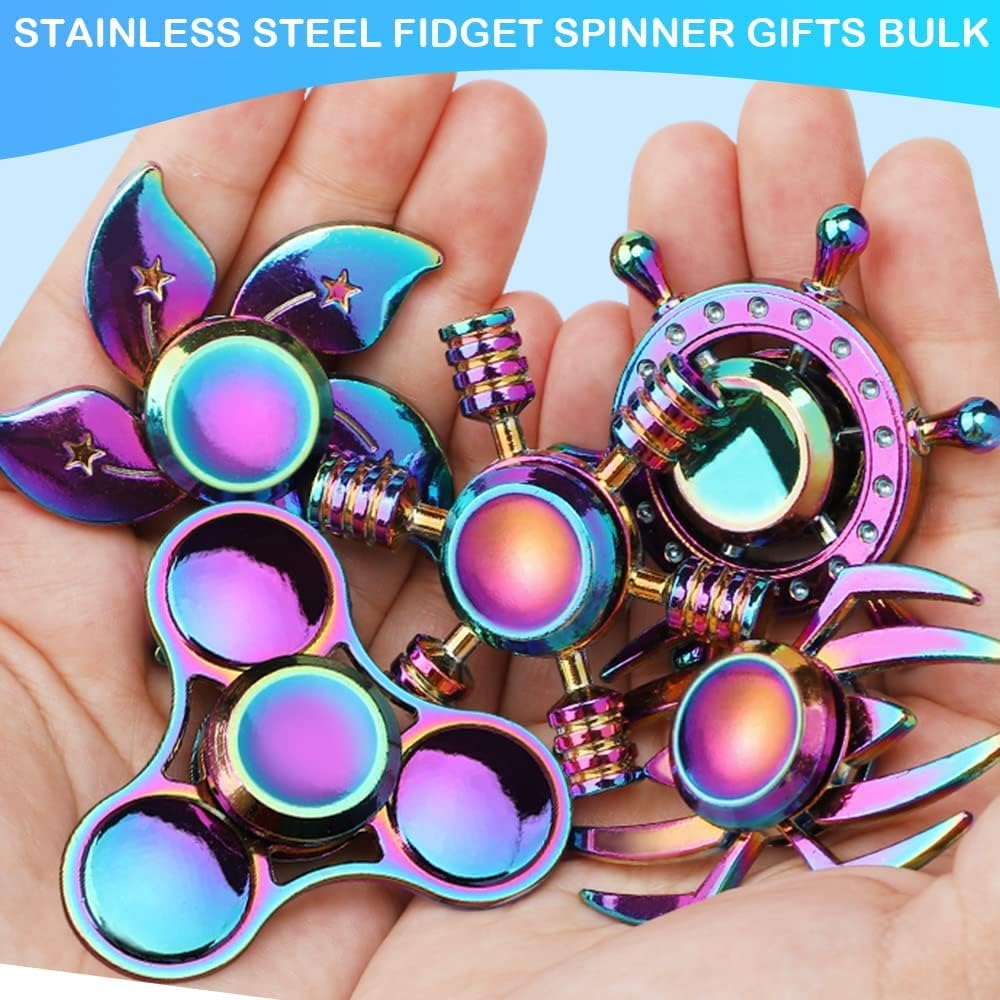 5 Pack Metal Fidget Spinners Pack Stress Relief Toys for Kids Adults, Rainbow Finger Hand Spinner Bulk Set Sensory Desk Toy, Cool Gadget Christmas Stocking Filler Stuffer Birthday Gifts Party Favor