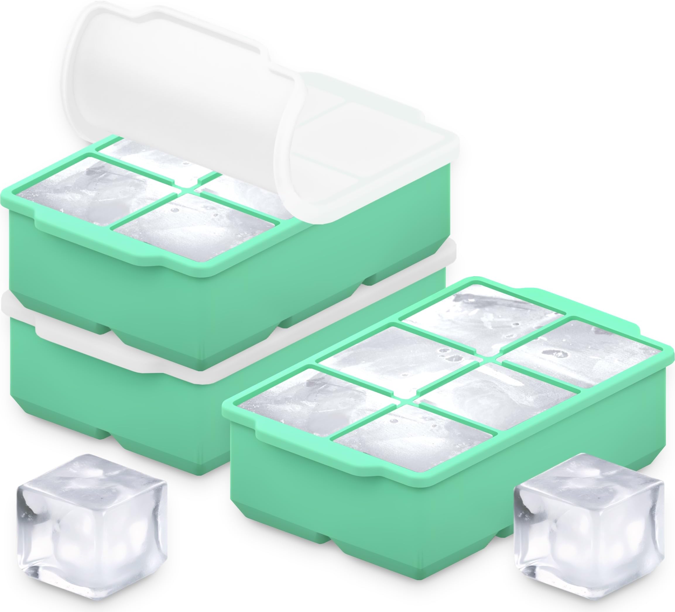 KitchFort Large Silicone Ice Cube Tray (3-Pack), Easy Release 2" Big Ice Cubes - Cocktail, Whiskey Ice Cubes Mold - Ice Trays for Freezer with Lid - Stackable Silicone Ice Tray - Green