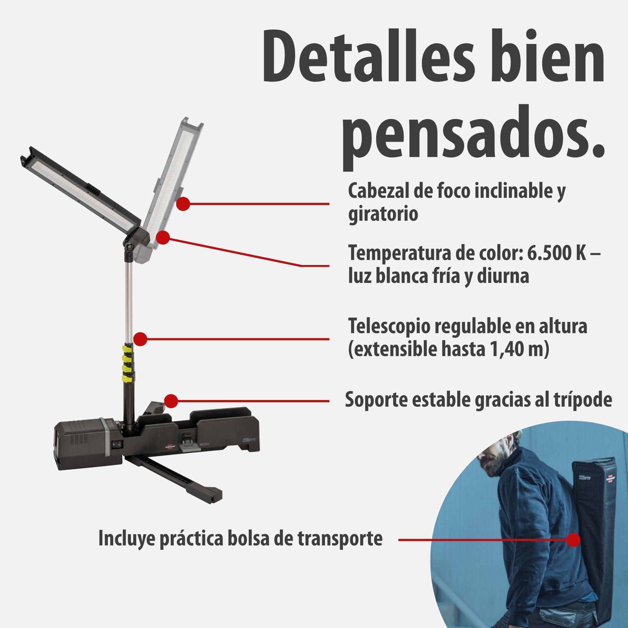 Brennenstuhl Multi Battery foco LED con trípode 6050 MA (7700lm, IP54, altura ajustable hasta 140cm, compatible con baterías de 18V de 10 fabricantes diferentes, sin batería)