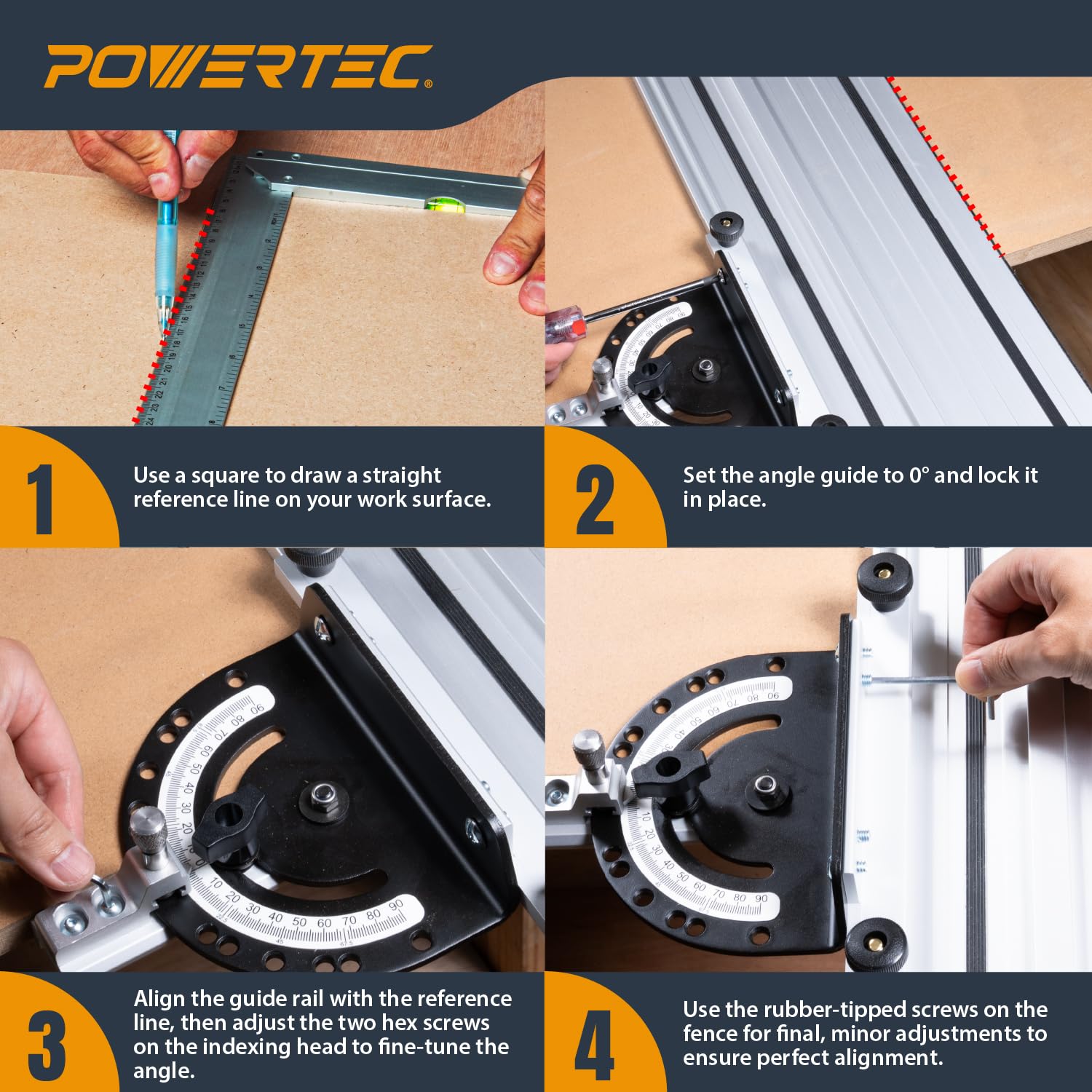 POWERTEC Guía de sierra de riel de ángulo ajustable: cortes de inglete de precisión, 13 paradas positivas, amplia compatibilidad de riel guía (72182)