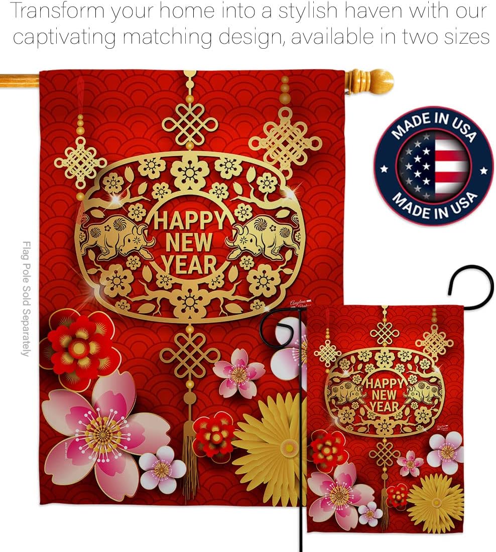 Chinese Ox Year Patio Decor Banner Wall Art Flag Poles for Outside House Stand Outdoor Garden Tapestry Yard Signs Lunar New Year Gifts Chinese Decorations Made in USA