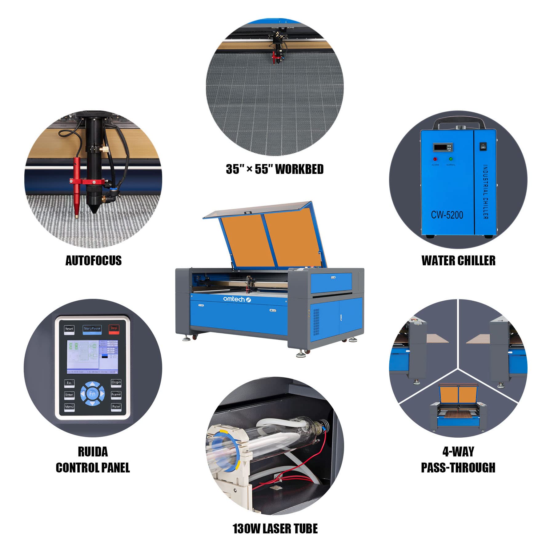 OMTech 130W CO2 Laser Engraver and Cutter with 35x55 Motorized Bed