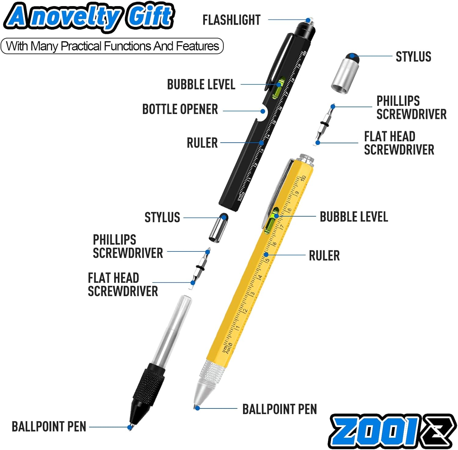 Exploded view of the ZOOI Multitool Pen components