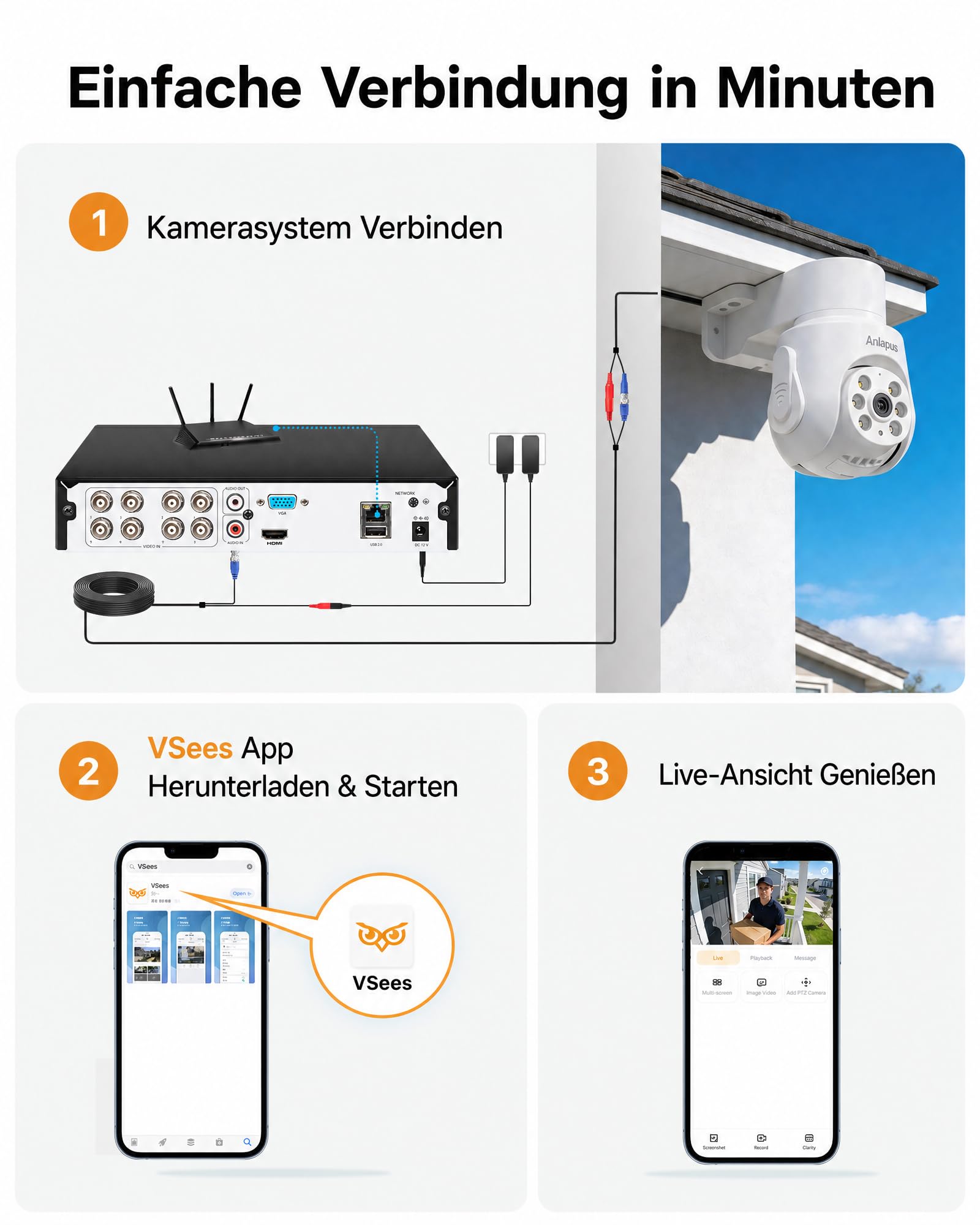 Anlapus 8MP 4K PTZ Überwachungskamera Außen Set mit Audio Kabelgebunden | 8CH DVR 1TB HDD, 4X 360° Schwenken & Neigen Domekameras, KI Mensch-Fahrzeug-Erkennung, 24m IR Nachtsicht, Wasserdicht