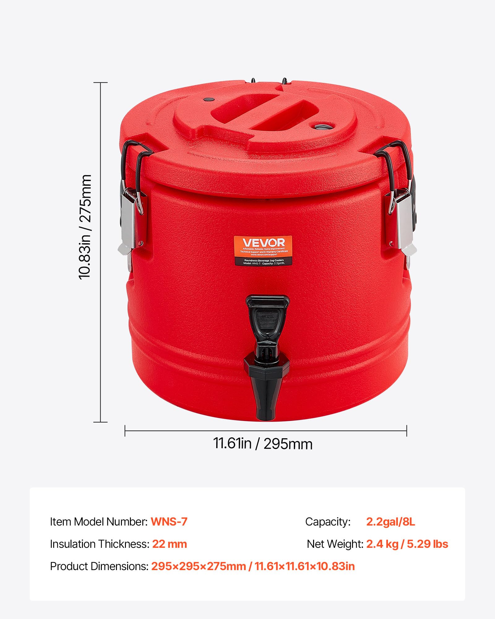 VEVOR Dispensador de Bebidas Térmico de 8 L con Grifo, Jarra Térmica de Acero Inoxidable 304 para Bebidas Frías y Calientes, Ideal para Té, Café, Restaurantes y Exteriores, 295 x 295 x 275 mm