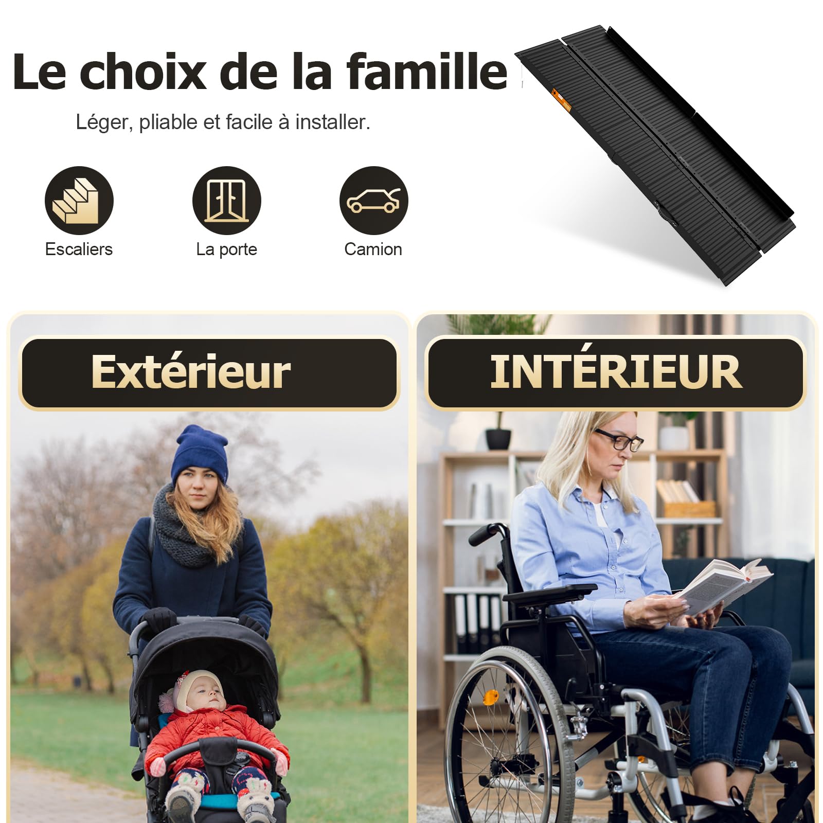 gardhom Rampe de Fauteuil Roulant Pliable pour escalier 122 * 72cm, capacité de Charge 362kg Rampe antidérapante pour Fauteuil Roulant