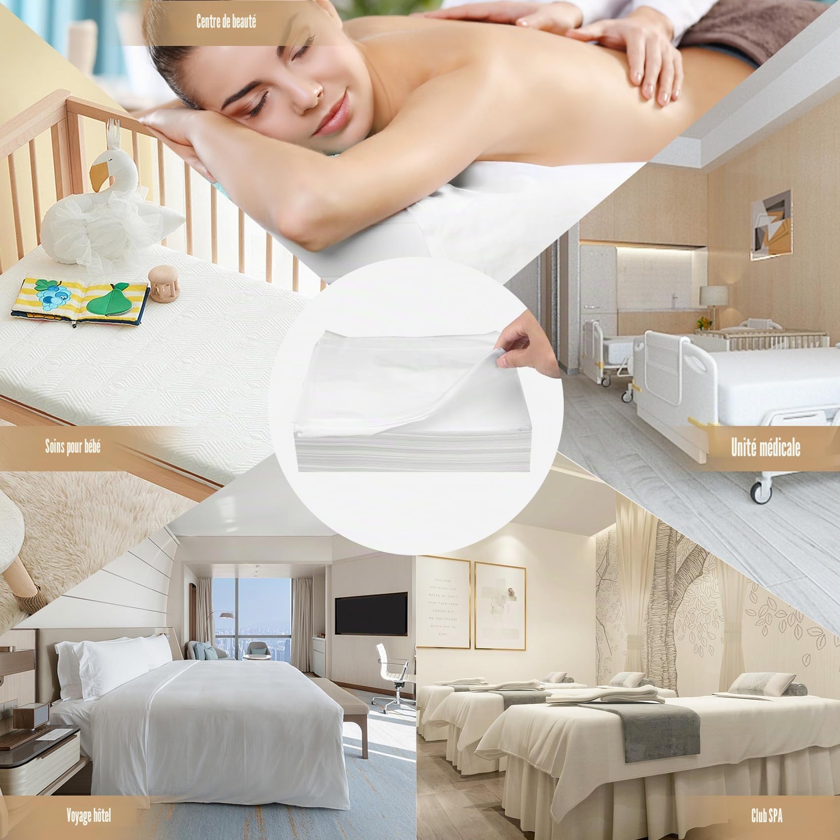 Lot de 100 nappes jetables avec trou pour le visage, pour massage en institut de beauté, spa, table de massage, table de lit, drap de protection avec trou