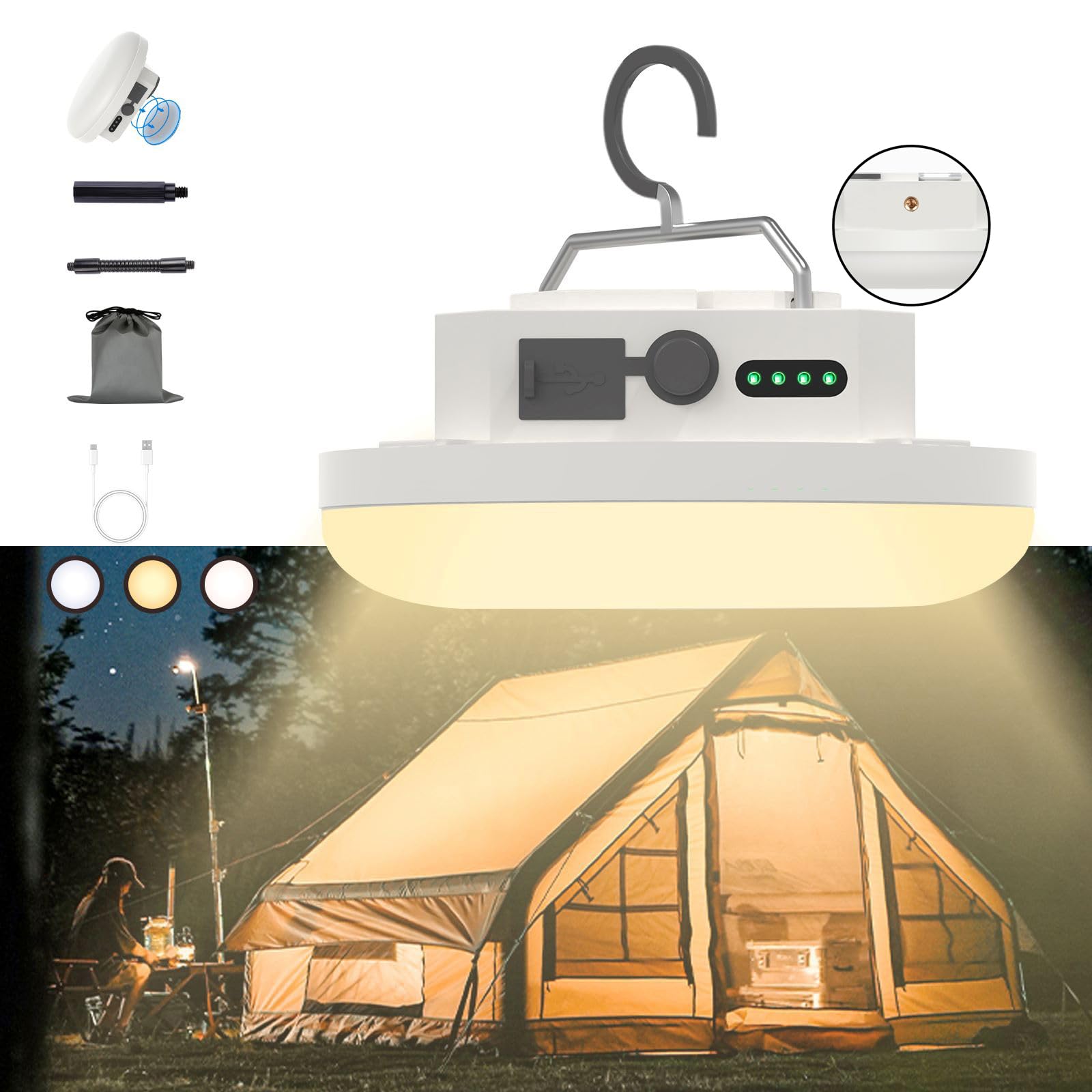 Lampes de tente de camping à suspendre, lampe de camping LED portable rechargeable avec crochet, lanterne de glamping d'extérieur étanche avec batterie pour la randonnée, les ouragans d'urgence
