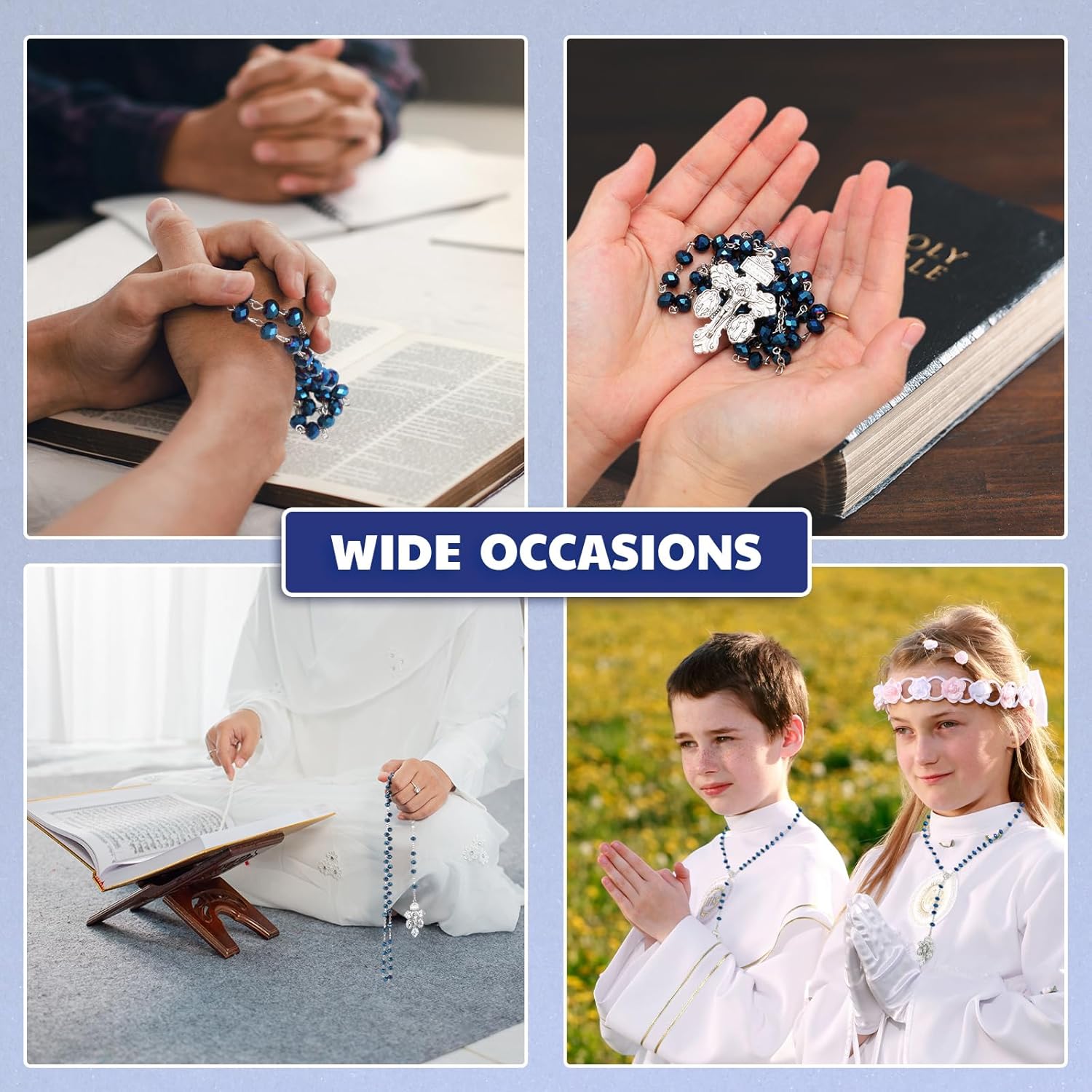 Landical 12 Sets Catholic Rosary Necklace Set Deep Blue Crystal Beads Rosary Cross with Pardon Crucifix Necklace Our Lady of Grace Prayer Card and Organza Bag for Women First Communion Baptism - Image 6