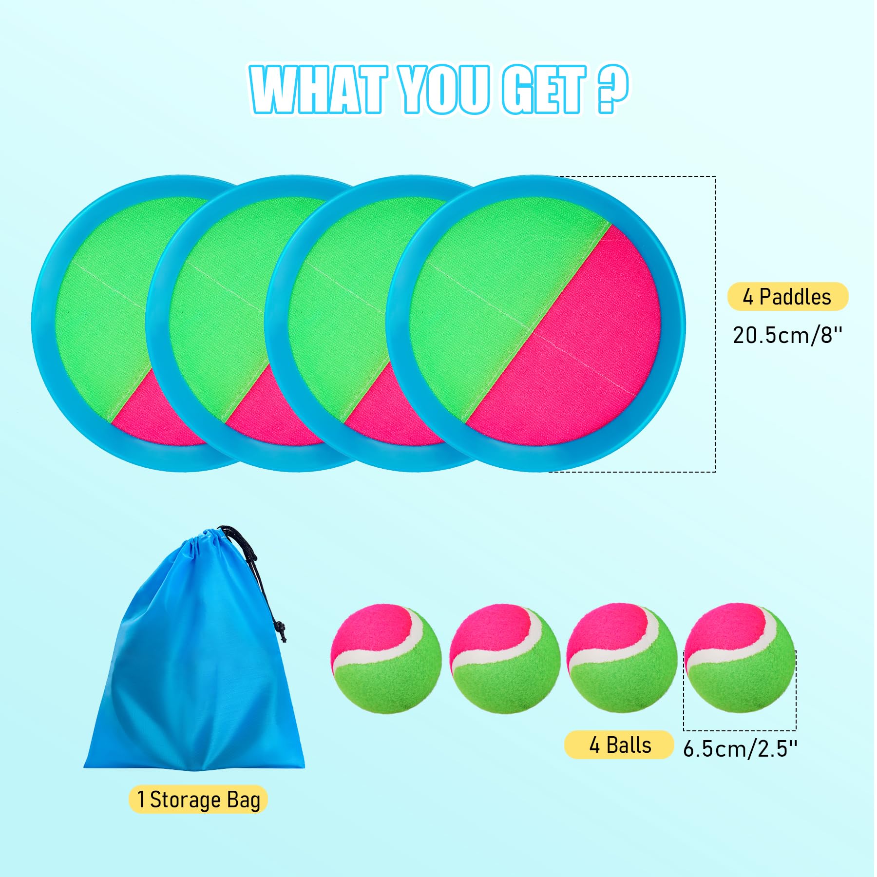 INPODAK Captura Bolas Raqueta Set Pelota Impermeable y Juego de Lanzamiento Juguetes Exterior Interior Jardin Playa Piscina para Niños 3-12 Años Set de 4 Pelotas 4 paletas con 1 Bolsa