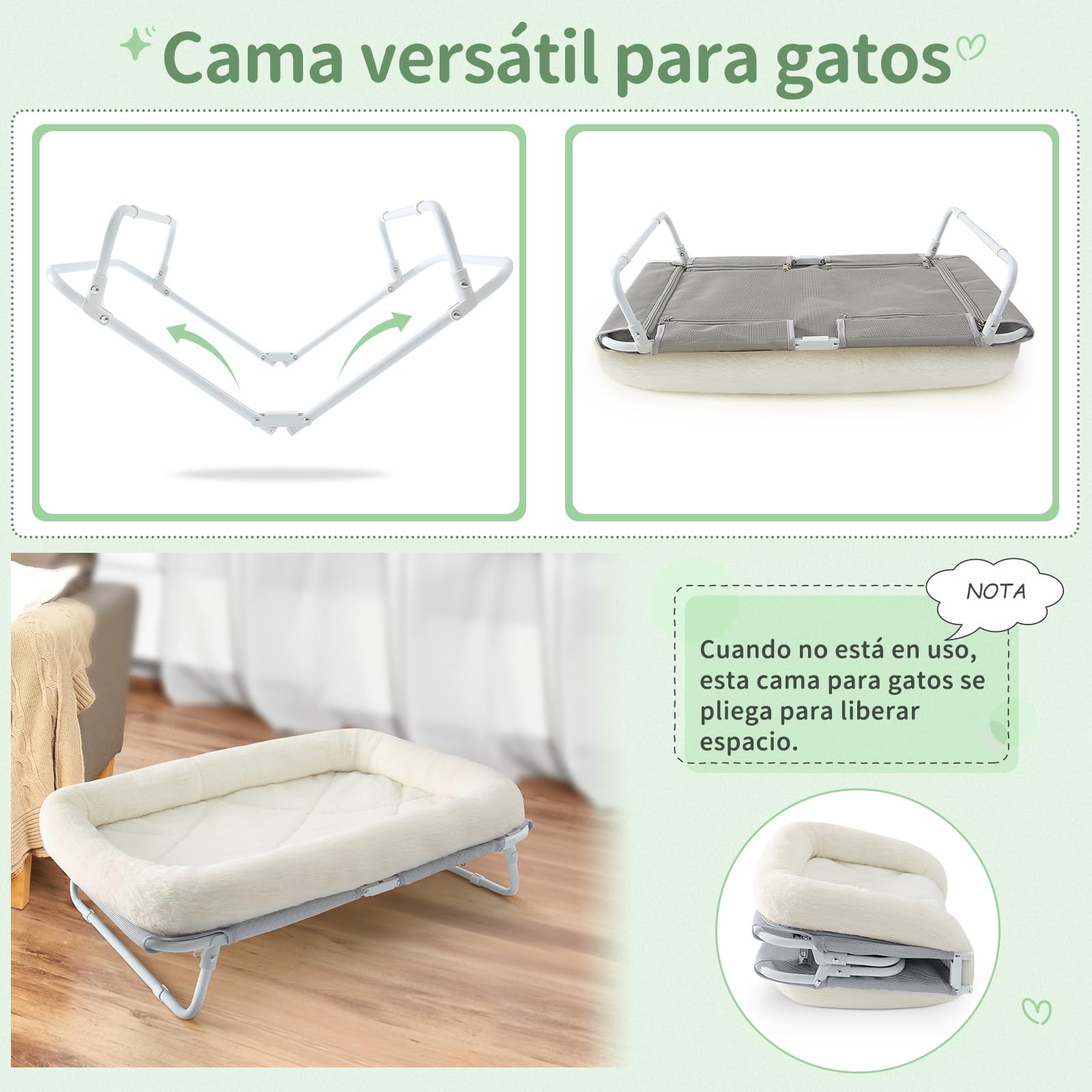 GUUSII HOME Cama Gato Elevada Hamaca Perros Pequeños Amaca per Gatti Plegable Lettino para Gatos Mascota Sofa Gattos con Marco de Metal Interior Exterior Fácil de Montar 64X40X19 cm（Blanco）