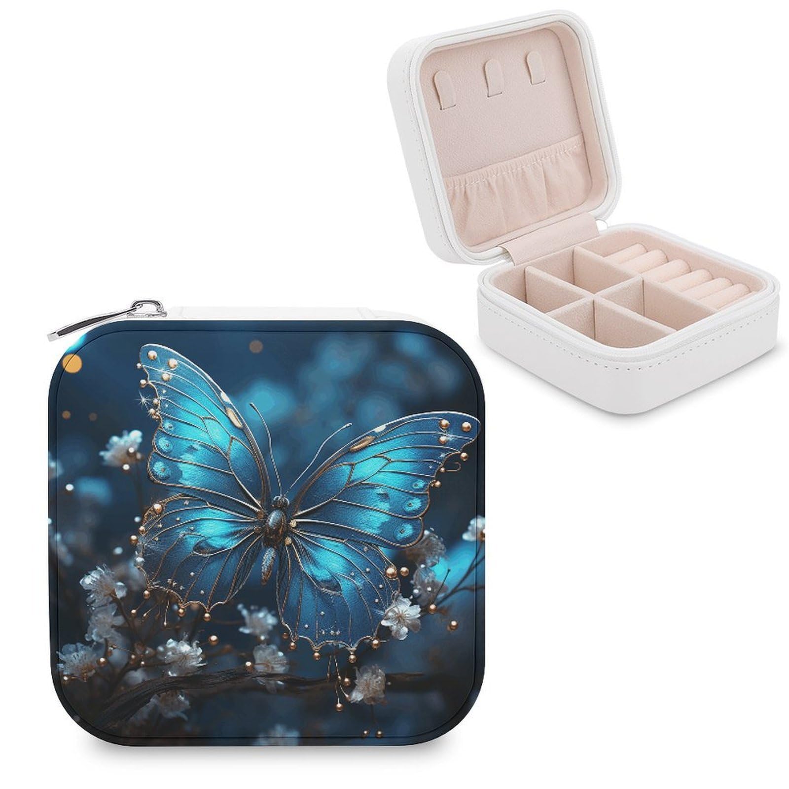 VstaDank Blue Butterfly And Moon Travel Jewelry Case Small Portable Jewellry Organizer Box PU Leather Organizer Boxes Personalized Jewellery Storage Holder Gift for Womens Rings Earrings