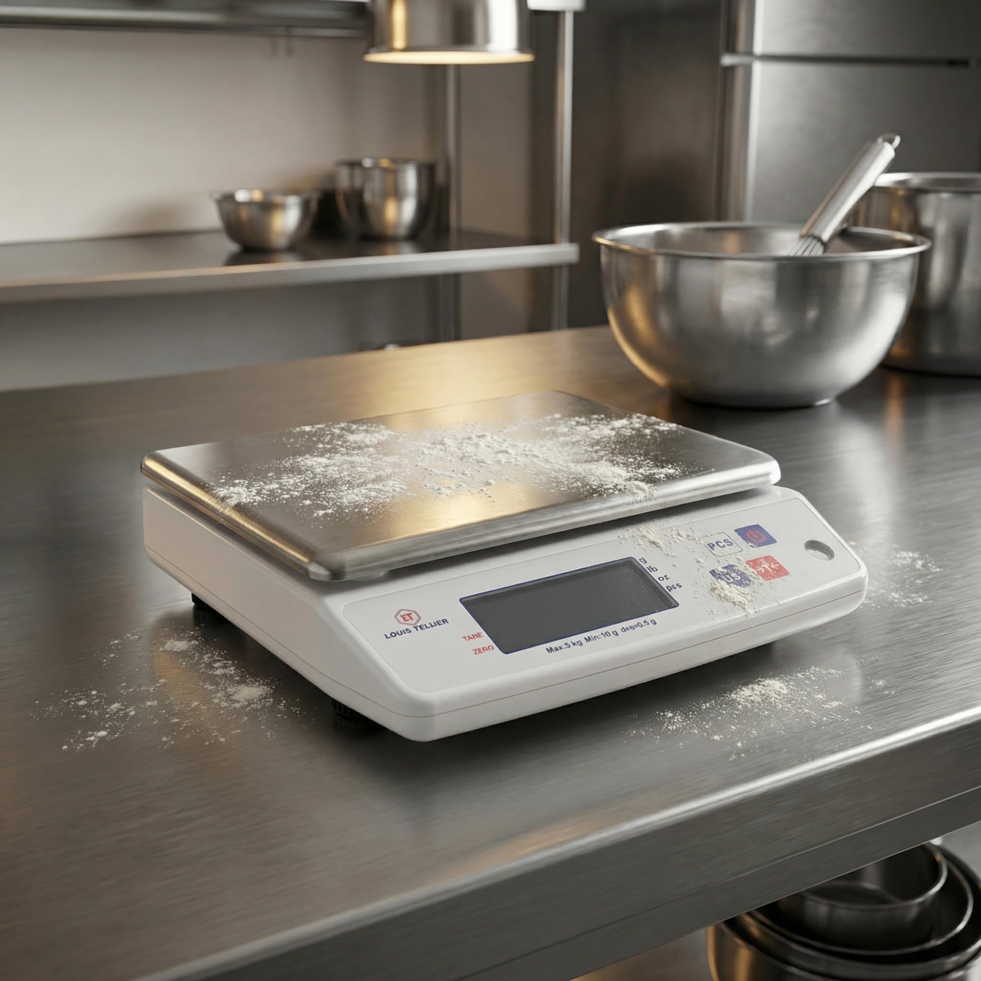 LOUIS TELLIER Báscula Electrónica Profesional 5kg IP53 Precisión 0.5g Bandeja de Báscula Extraíble Cocina Panadería 22x16.5cm