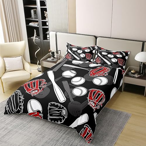 Miniatura 2 de Erosebridal - Juego de funda de edredón 100% algodón con diseño de béisbol, tamaño individual, juego de ropa de cama de sóftbol, bate deportivo para