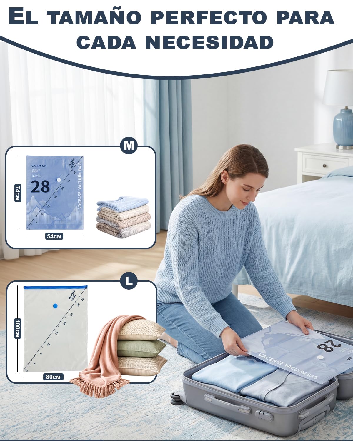 Raplink Bolsas Vacio Ropa con Bomba Eléctrica, 8 Bolsas Vacio Ropa Viaje (4 * 100x80cm, 4 * 74x54cm), para Viajes, Mudanzas y Almacenamiento — view 2