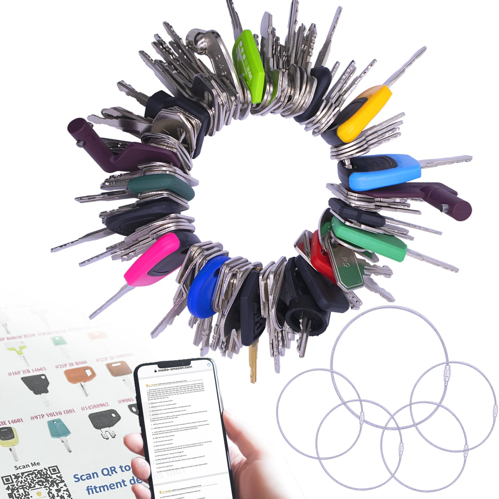 105PCS Non-Duplicate Heavy Equipment Keys Master Set, Construction Ignition Key for CAT JLG Case JD Hyster Kubota Komatsu Yanmar Terex Ford