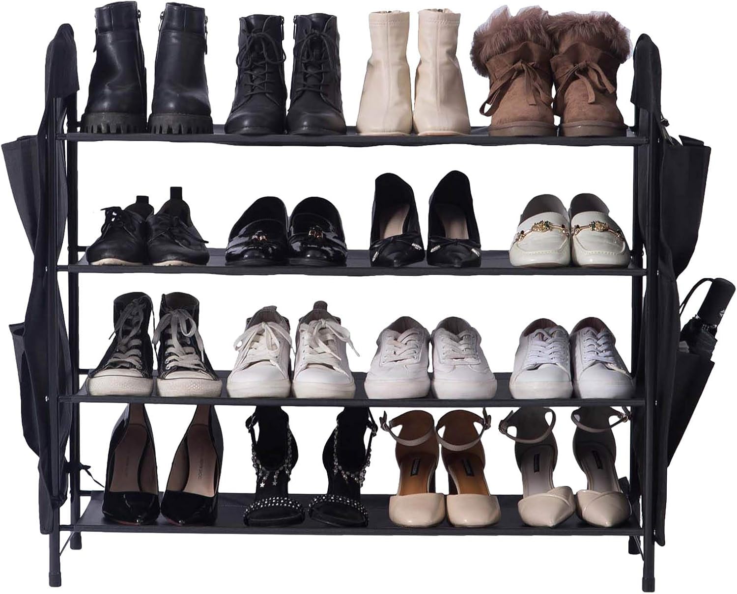 UDEAR Shoe Rack Free Standing Shoe Organizer ,4-Tier with Side 8 Shoes Pockets,31.5inches Wide,Black