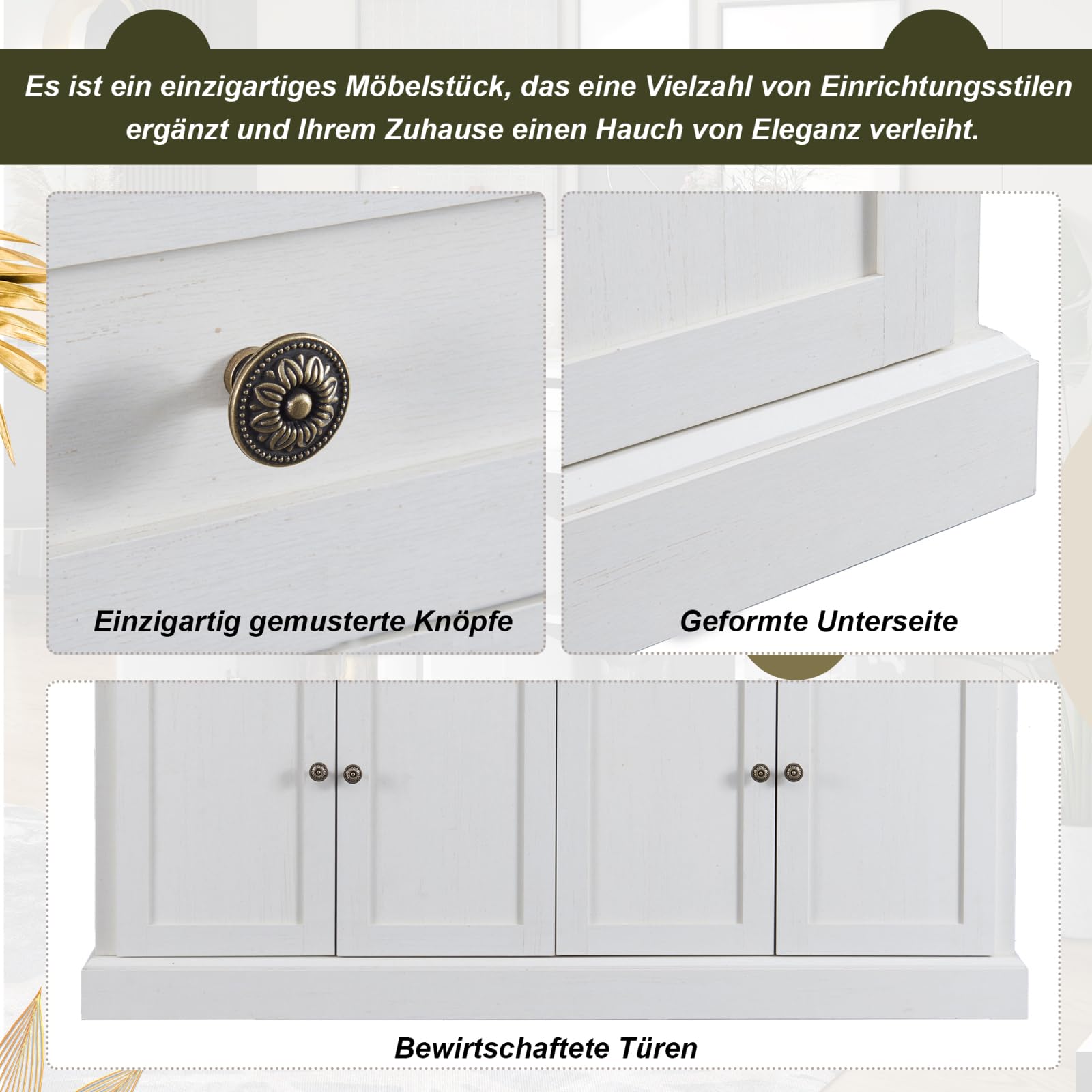 Buffet de rangement moderne de 150 cm, avec 4 portes et 2 tiroirs, armoire de rangement en bois pour salle à manger, salon et cuisine, entrée (blanc antique + bois)