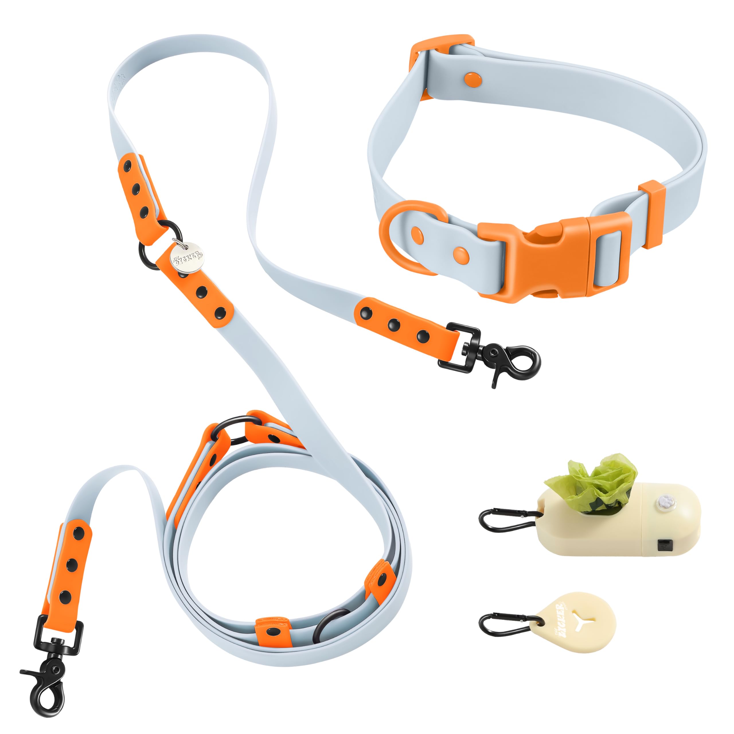 Luna WLK1006D-5SET Laisse et collier mains libres réglables 6 en 1 avec lampe de poche LED, distributeur de sacs et support pour sac à déjections canines, bol à poissons Taille L 2,4
