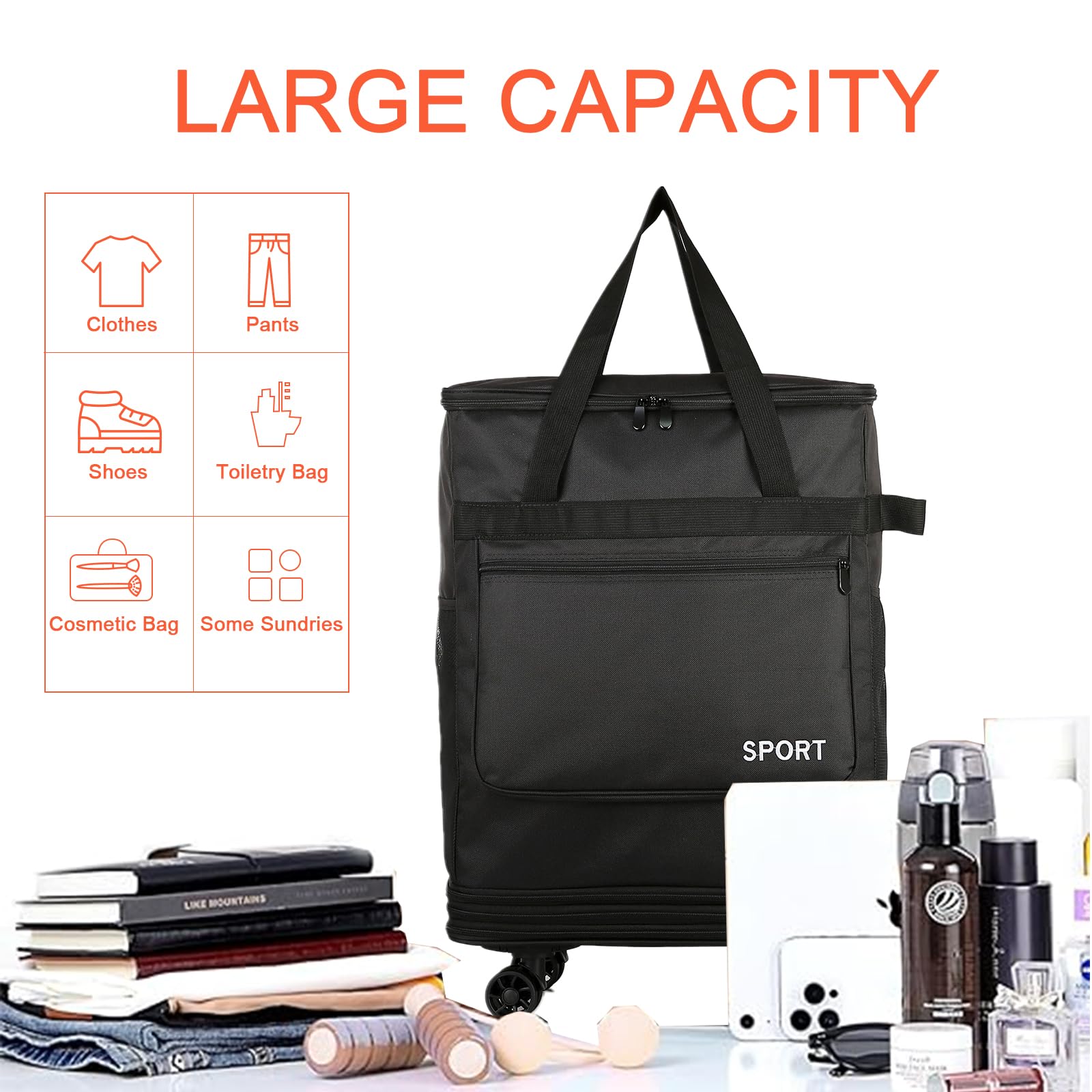 Faltbare Reisetasche Mit Rollen groß, Erweiterbar, Wasserdicht, Zusammenklappbar, Handgepäck Tasche, Reisetasche Mit Rollen und Griff, Schwarz