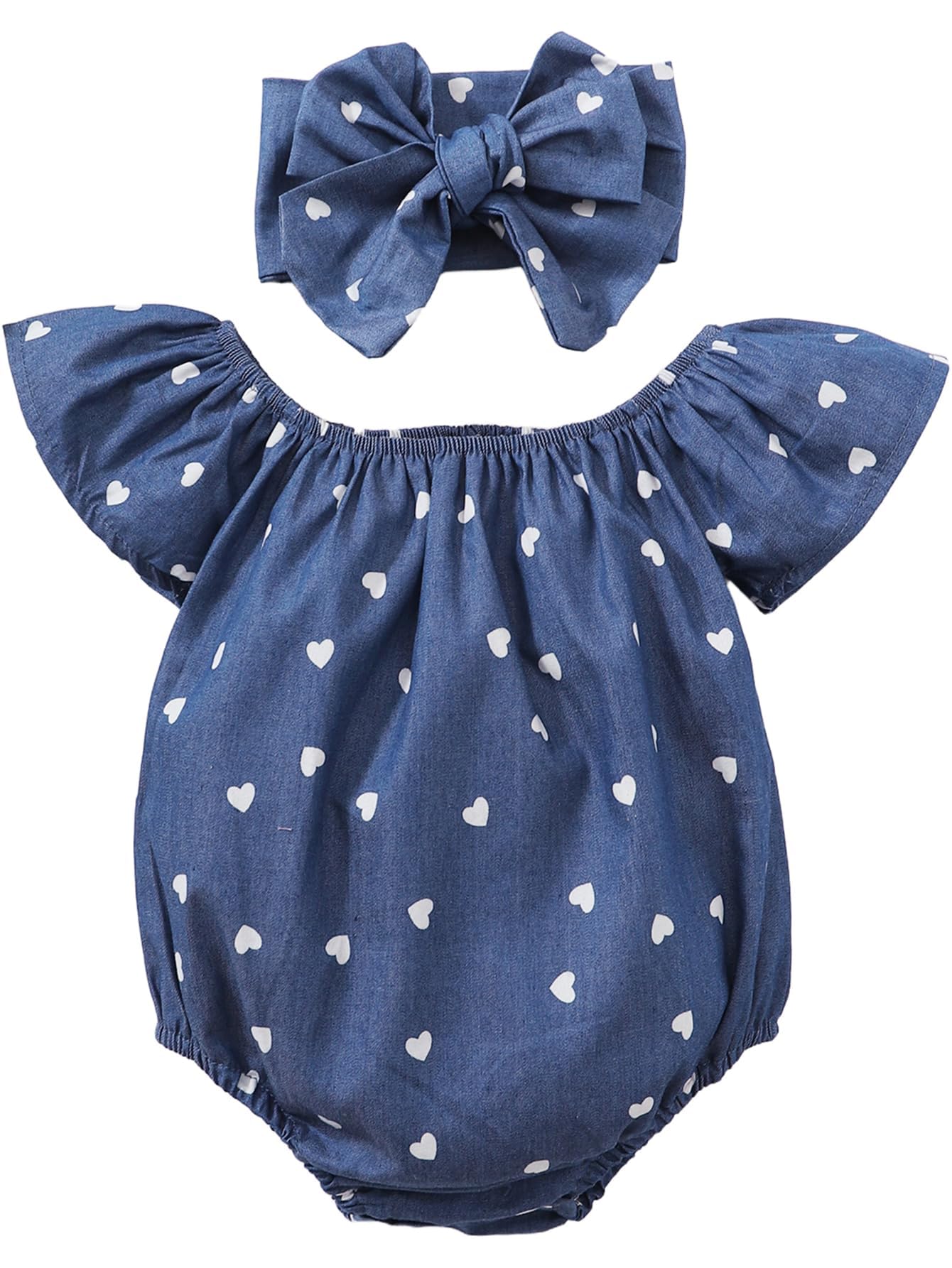 Baby Girl Summer Clothes Outfits Flutter Sleeve Denim Heart Romper One Piece Jumpsuit Bodysuit