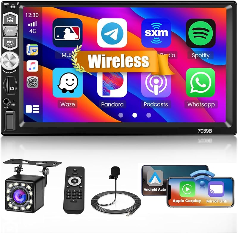 Hikity 1DIN Autórádió 7" Érintőképernyővel - Vezeték Nélküli CarPlay és Android Auto, Bluetooth 5.1, FM Rádió, Tolatókamera Bemenet, USB/TF/