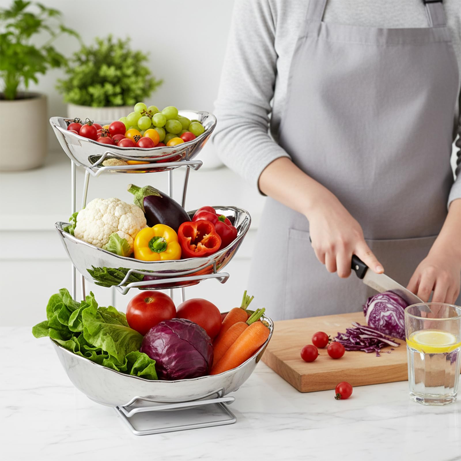 Goaste Corbeille à fruits ovale à 3 niveaux en céramique avec support en métal - Bols de cuisine en porcelaine pour le stockage des fruits, des légumes, des collations, des noix, des desserts