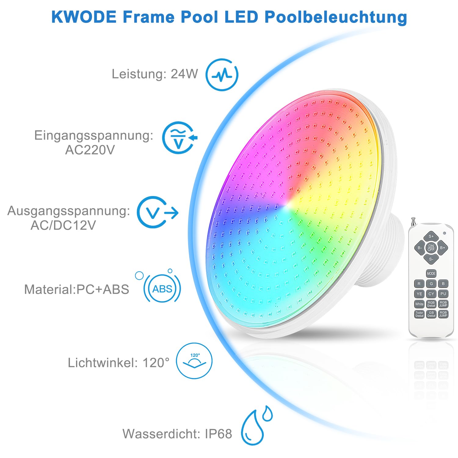 LED Poolbeleuchtung Unterwasser für Aufstellpool, 24W RGB Dimmbar Frame Pool Poolbeleuchtung mit Fernbedienung, 12V LED Unterwasserscheinwerfer mit 7m Kabel, Außengewinde 2 ¼ Zoll