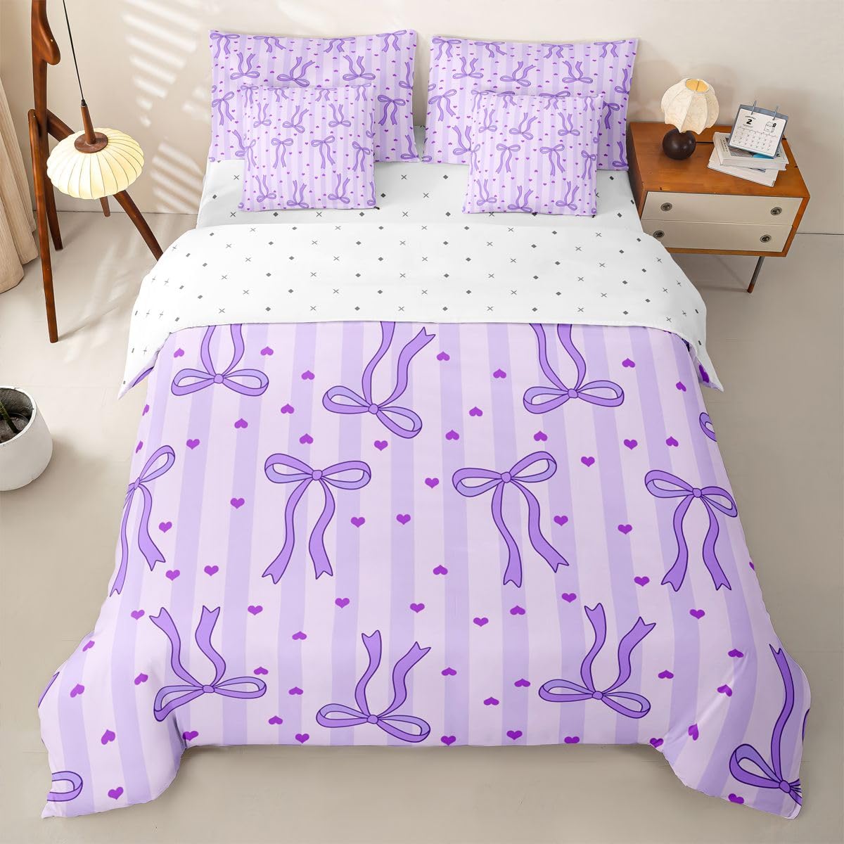 Loussiesd Copripiumino con lenzuola, 7 pezzi, per letto singolo, con grazioso fiocco kawaii, cuori, letto in una borsa, per bambini, ragazzi e ragazze, set di biancheria da letto a righe geometriche