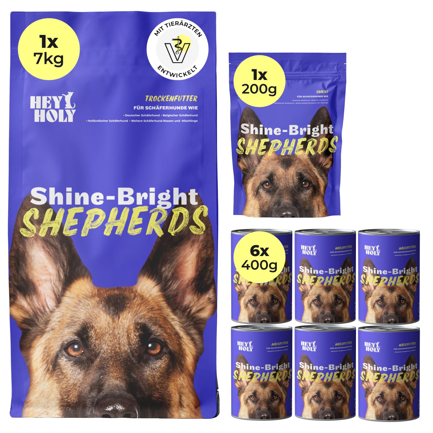 HEY HOLY Set 7kg Premium Trockenfutter, 6 x 800g Nassfutter & 1 x 200g Snacks für Schäferhunde | 100% hypoallergen & getreidefrei | Hundefutter & Leckerlis für ausgewachsene Schäferhunde mit Ente