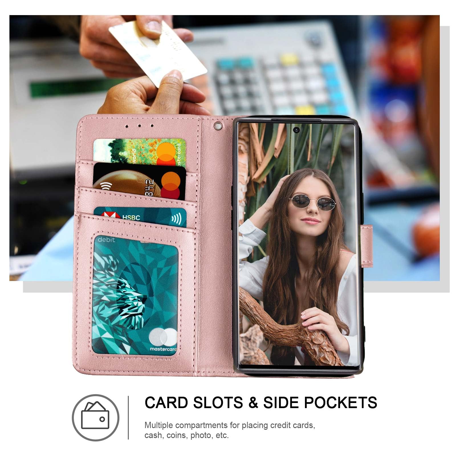 Ateeky Wallet Case for Galaxy Note 9, [RFID Blocking] 3 Card Holder Stand with Credit Card Slot PU Leather Magnetic Protective Flip Cover for Note 9 (Pink)