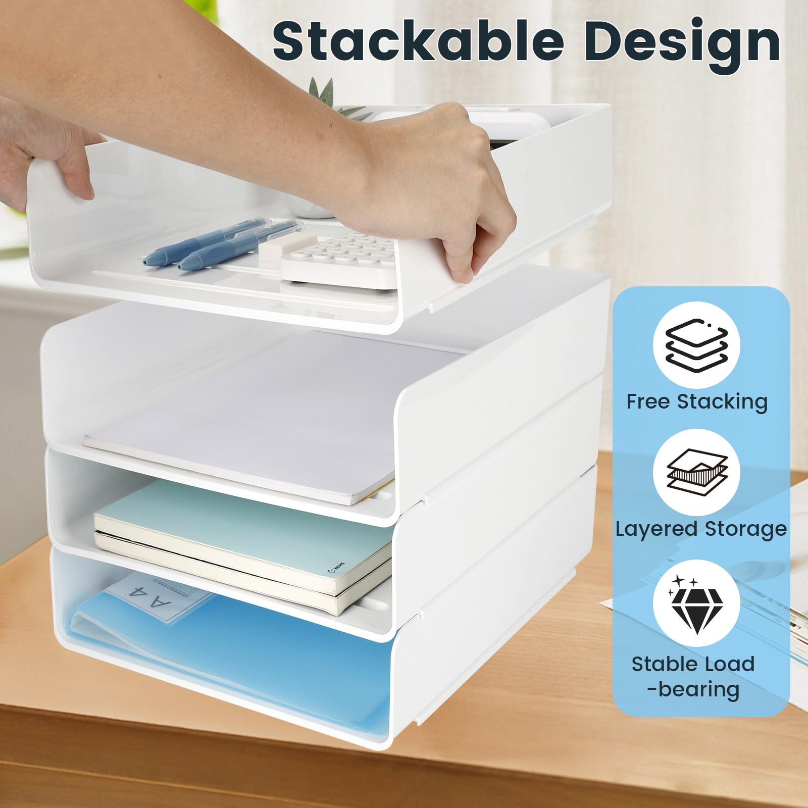 4 Bandejas Oficina Apilables, Blanca Plastico Pet Organizador Escritorio, Bandeja Escritorio, Bandeja Portadocumentos A4, Organizador para Papeles, Documentos, Folios, Material Oficina